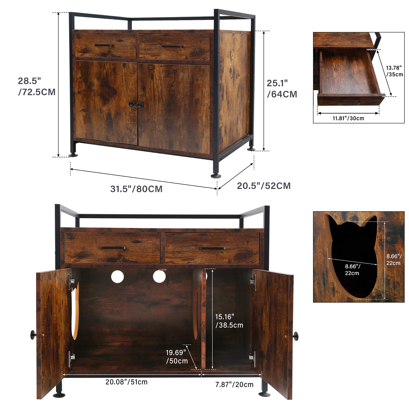 Tengchang Large Cat Litter Box Enclosure Cabinet, Hidden Cat Washroom House Box Pet Cates With Double Drawers & Doors