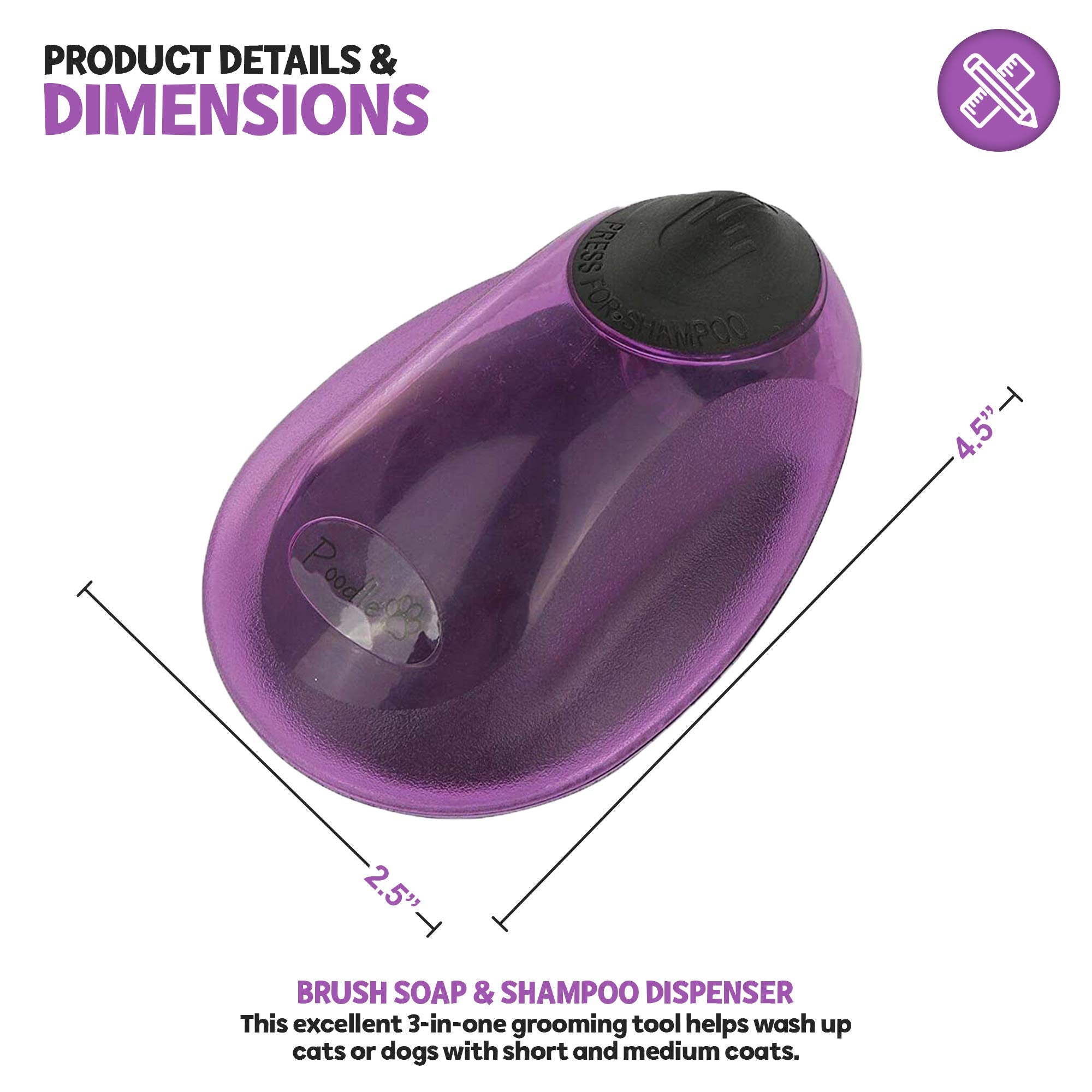 Pet Brush By Poodle Pet |Dog Soap And Shampoo Dispenser For Daily Grooming | Rinses Coat While Removing Lint And Shed Hair |For Short Or Medium Hair | Soft Rubber Bristles Gentle On Skin | Purple