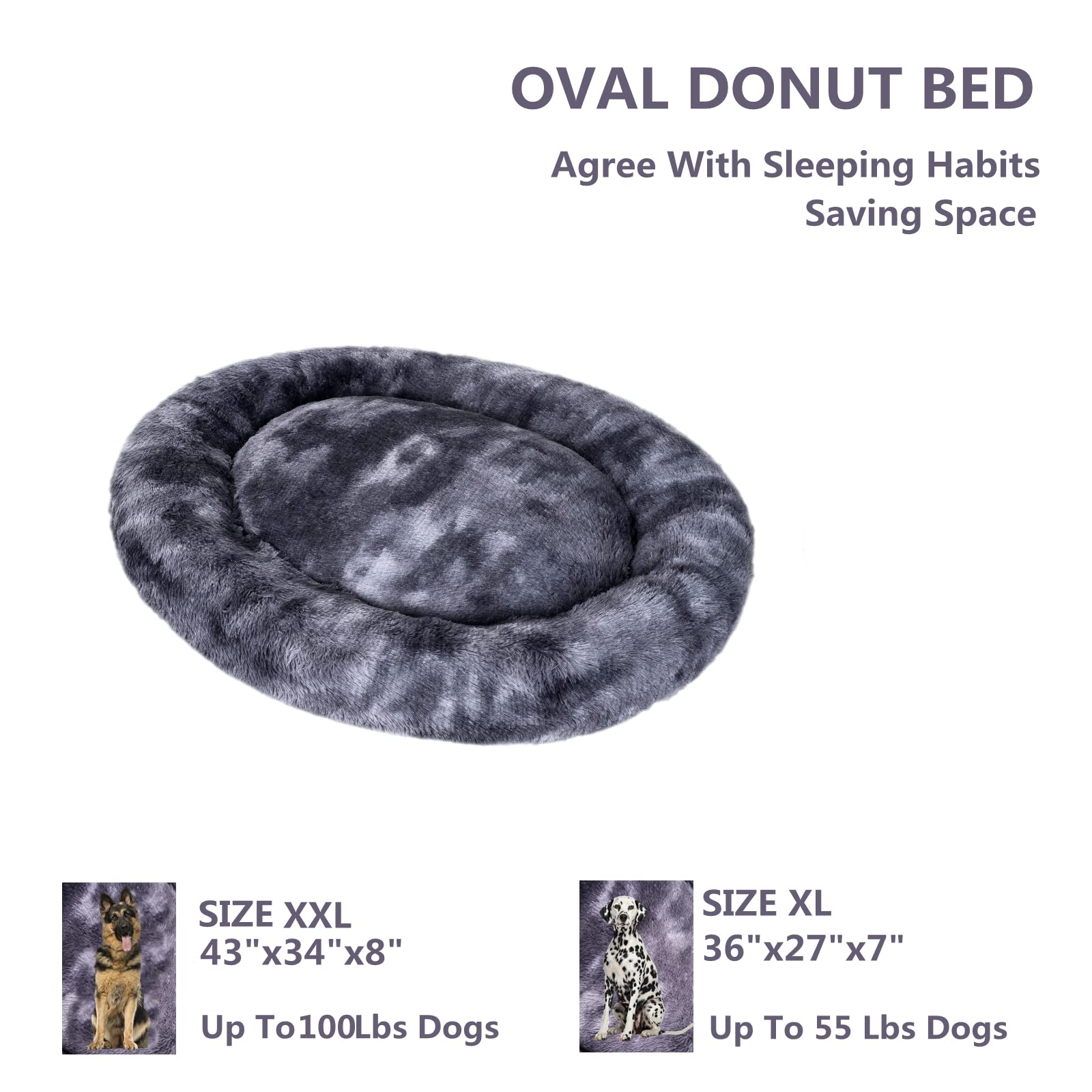 Coohom Oval Calming Donut Dog Bed, Washable Faux Fur, XXL 43"x34"x8", Grey2021