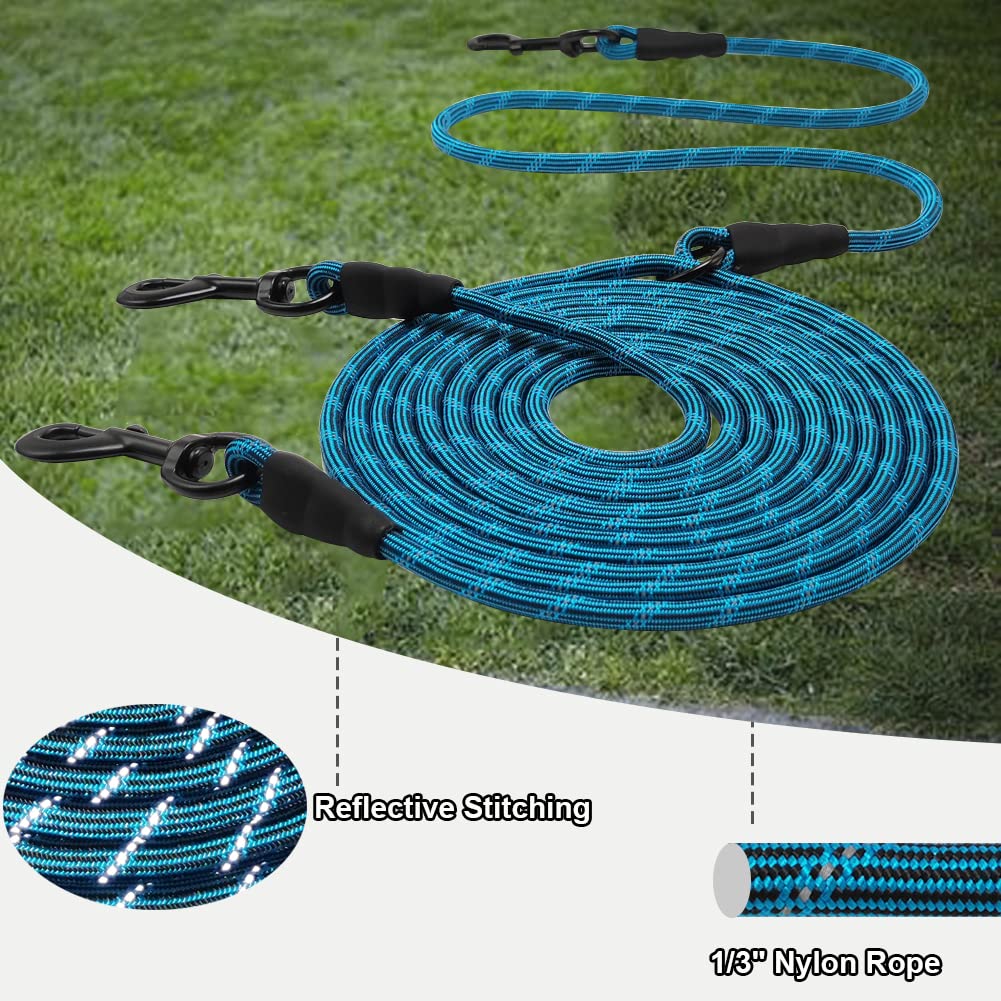 Btinesful 12Ft 20Ft 30Ft Reflective Dog Tie Out For 2 Dogs, No Tangle 1/3 Inch Nylon Rope Long Tether For Two Dogs, Dog Trolley
