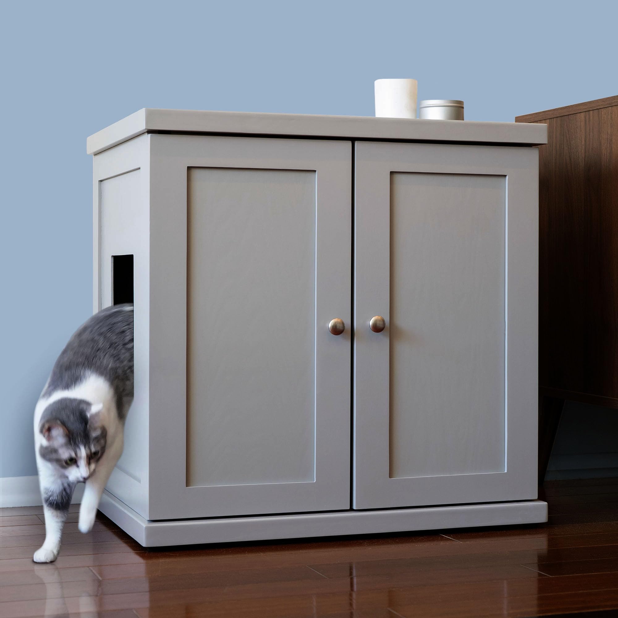 The Refined Feline Cat Litter Box Enclosure Cabinet, Hidden Litter Tray Cat Furniture, Large + XLarge, Modern Style, Smoke Gray 