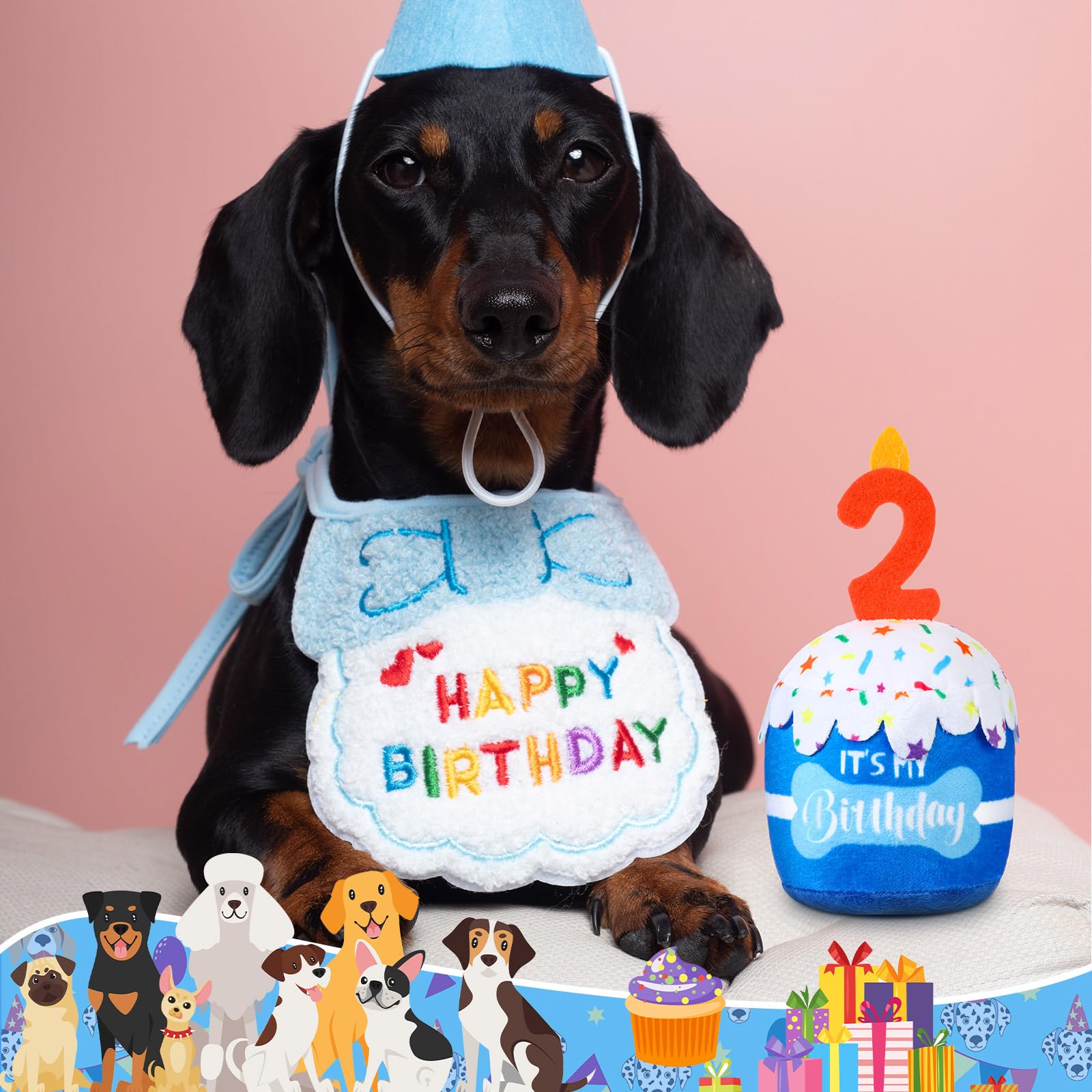 Dansydaisy Dog 2Nd Birthday Cake Toy Accessories For Girl Boy Gifts, Blue Squeaky Plush Toy For Dog Birthday Party Decor Favor F