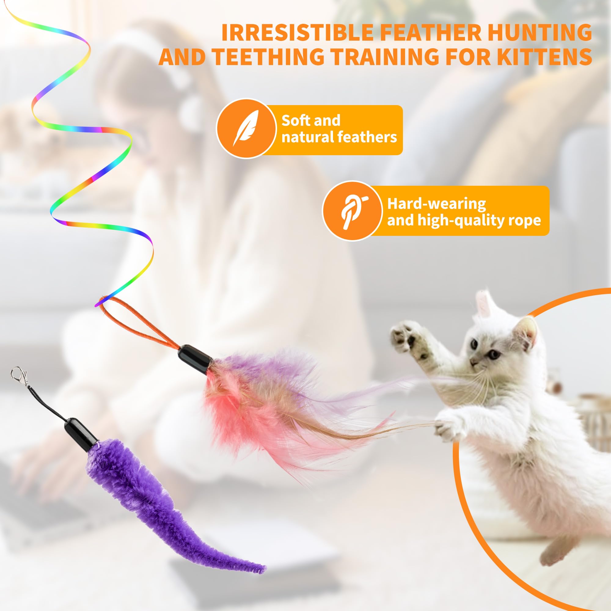 PANRIO Interactive Cat Toy,Automatic Cat Toy for Indoor Cats,Hanging Door Clip Ribbon 360 Rotation,Feather & Rainbow Cat Stimula