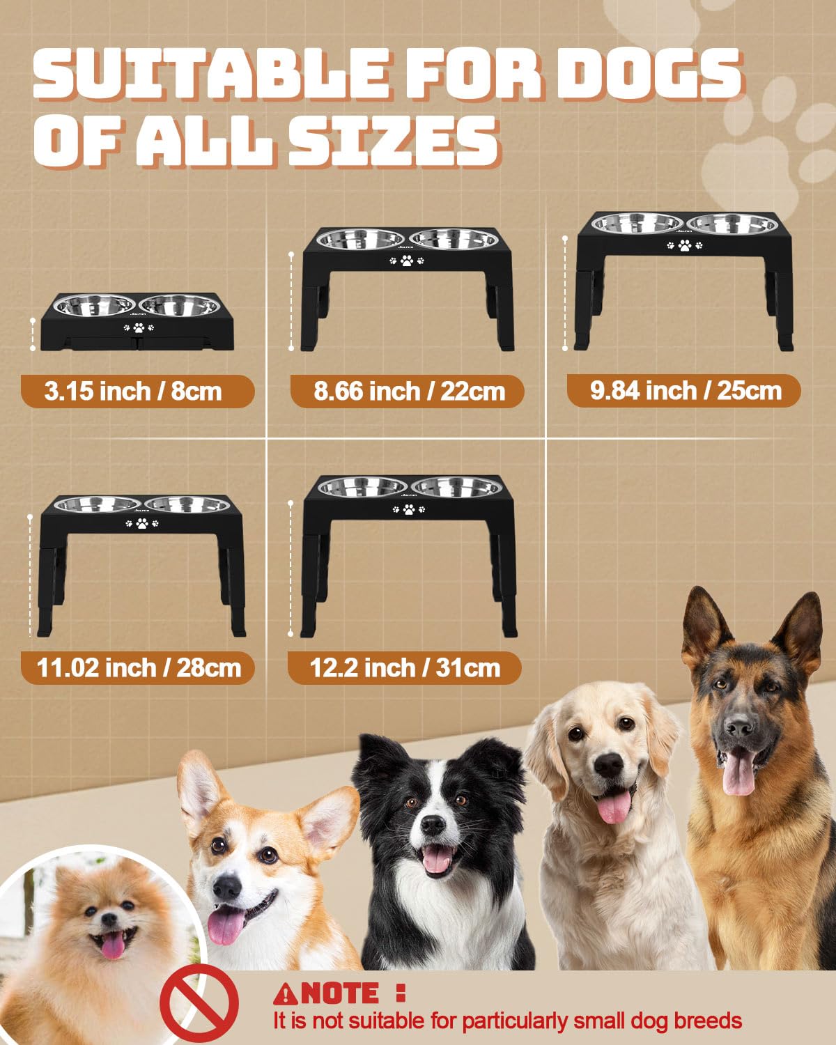 Jovrun Elevated Dog Bowls - Adjustable Stand, 2 Stainless Steel Dishes & 1 Slow Feeder, Black, For Medium Large Dogs