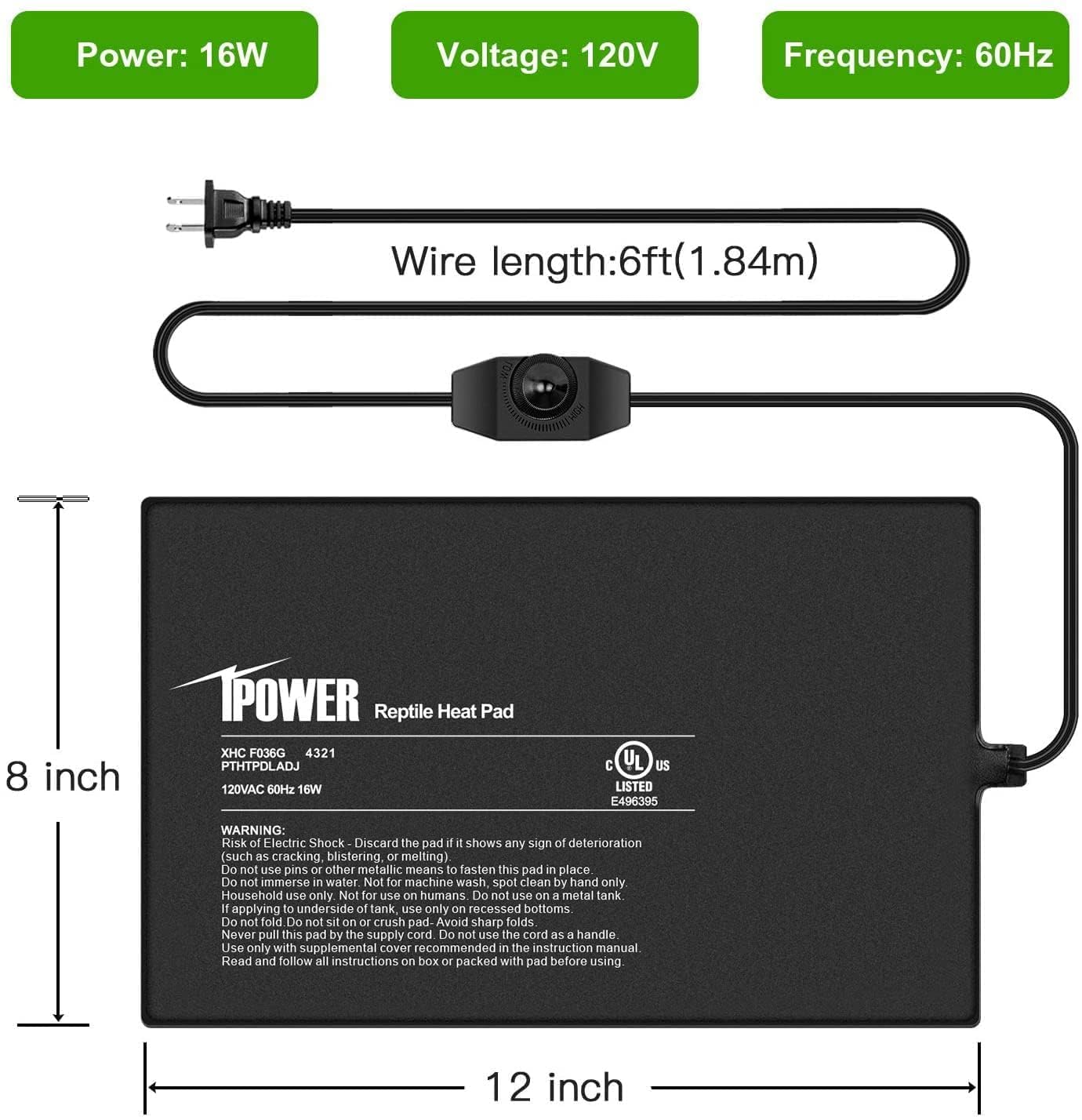 Ipower 8 By 12 Inch Reptile Heating Pad With Temperature Adjustable Controller Knob, Under Tank Warmer Terrarium Heat Mat For Re