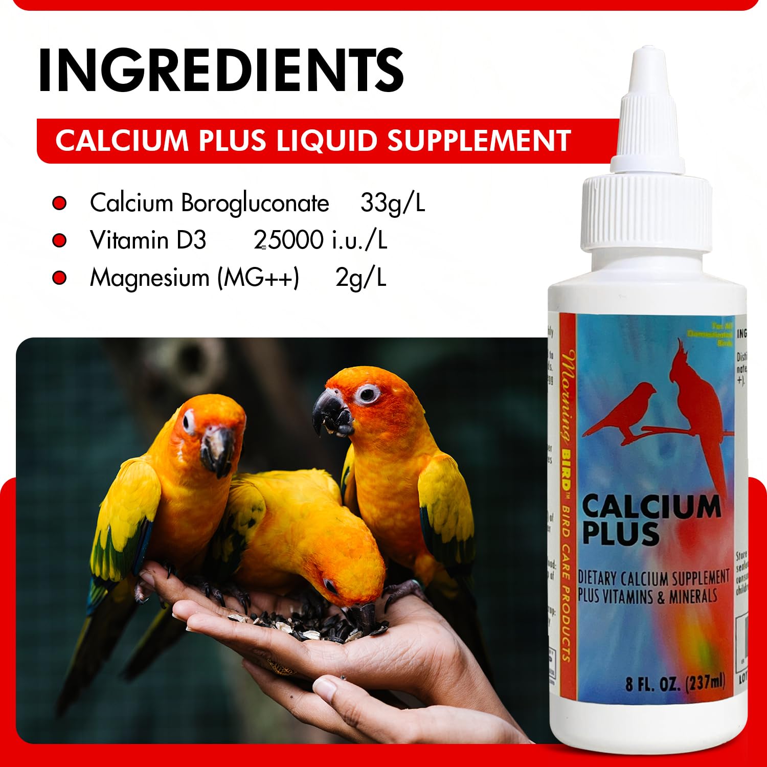 Morning Bird Calcium Plus Liquid for Birds - 8 Fl Oz, Supports Eggshell Strength and Healthy Growth, Model MB046