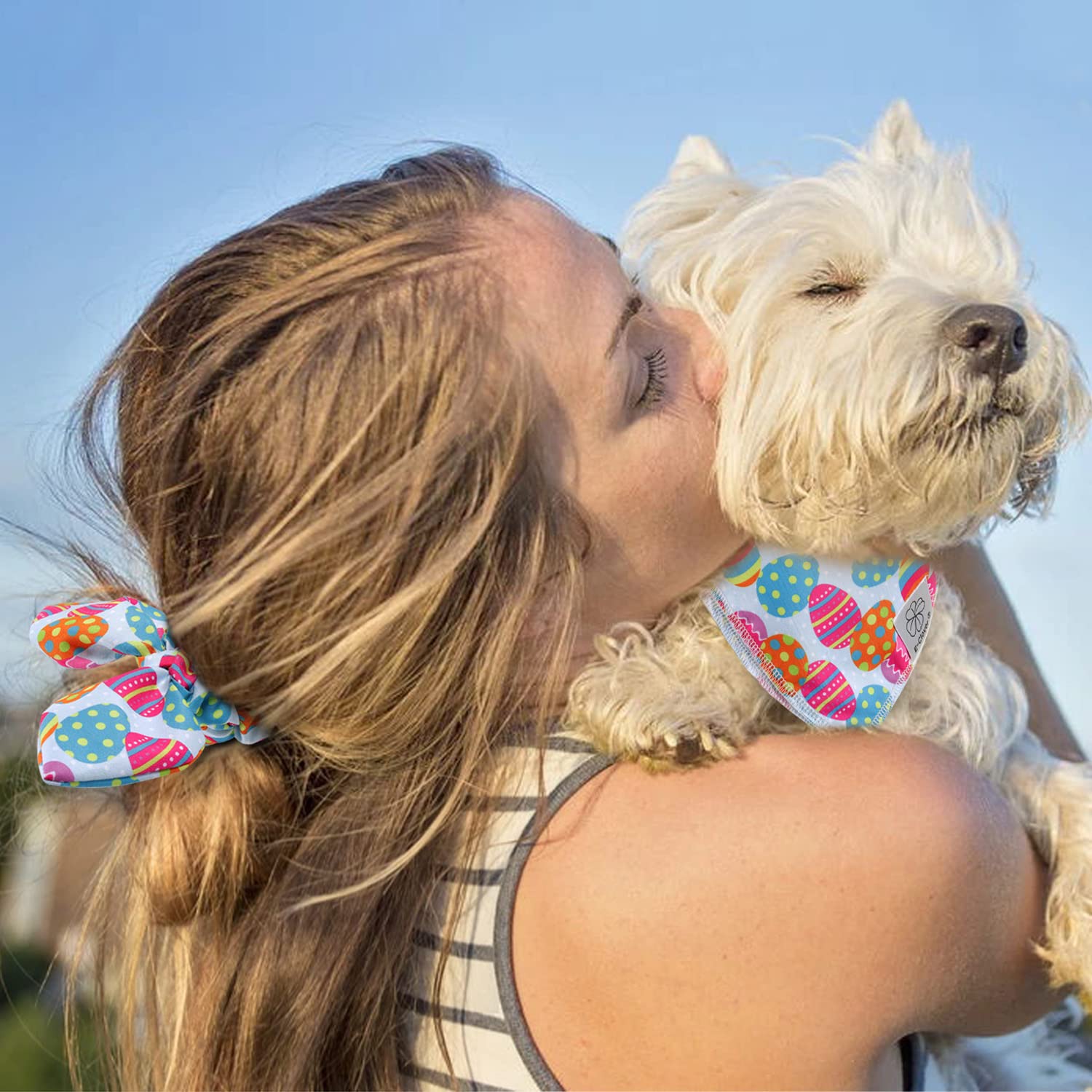 E-Clover Easter Dog Bandana & Matching Scrunchie Set Egg Dog Bandanas Scarf With Bunny Hair Tie For Small Puppy Dogs Pet Owner