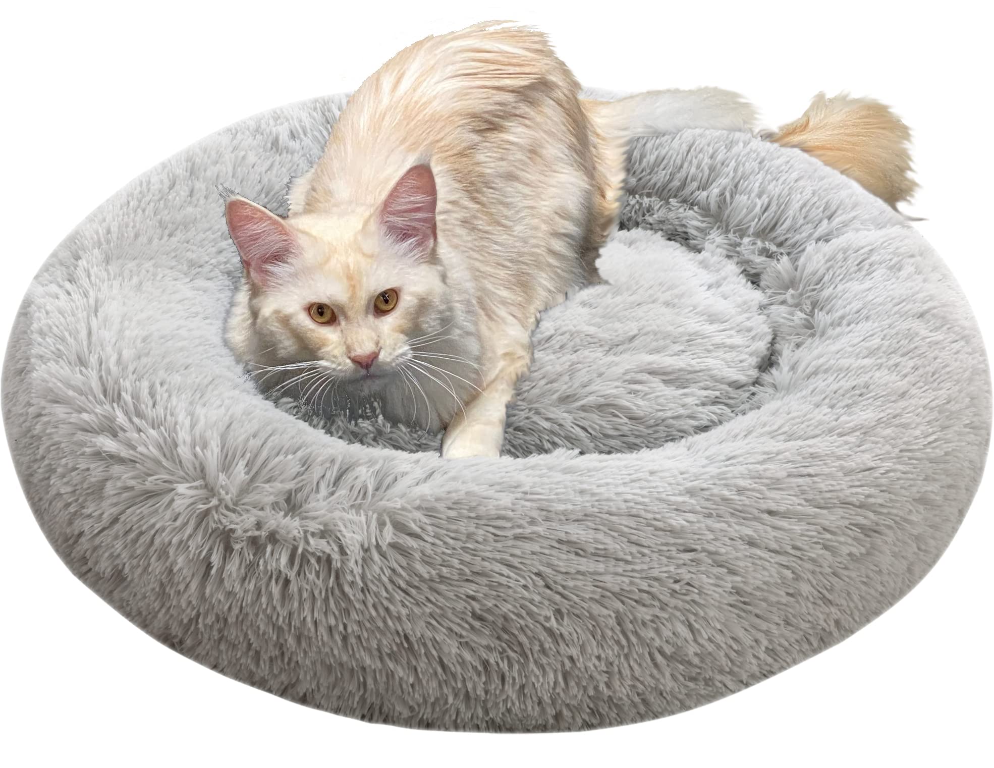 Comlax Calming Donut Dog Beds, 28 Inches Round Cushion With Removable Washable Cover, Anti-Anxiety Faux Fur Cuddler, Fluffy Comf