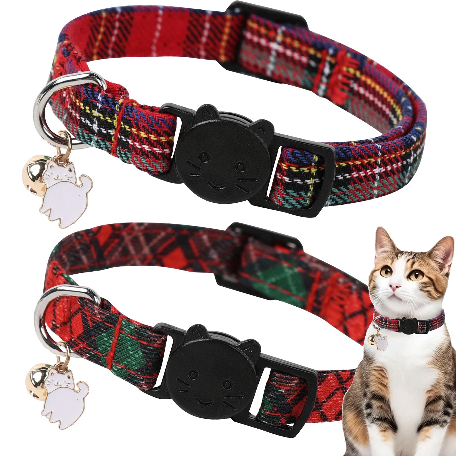 Unique Style Paws 2 Pack Christmas Kitten Collar Breakaway With Bell & Pendant, Adjustable Safety Cat Cotton Collars For Girl Bo