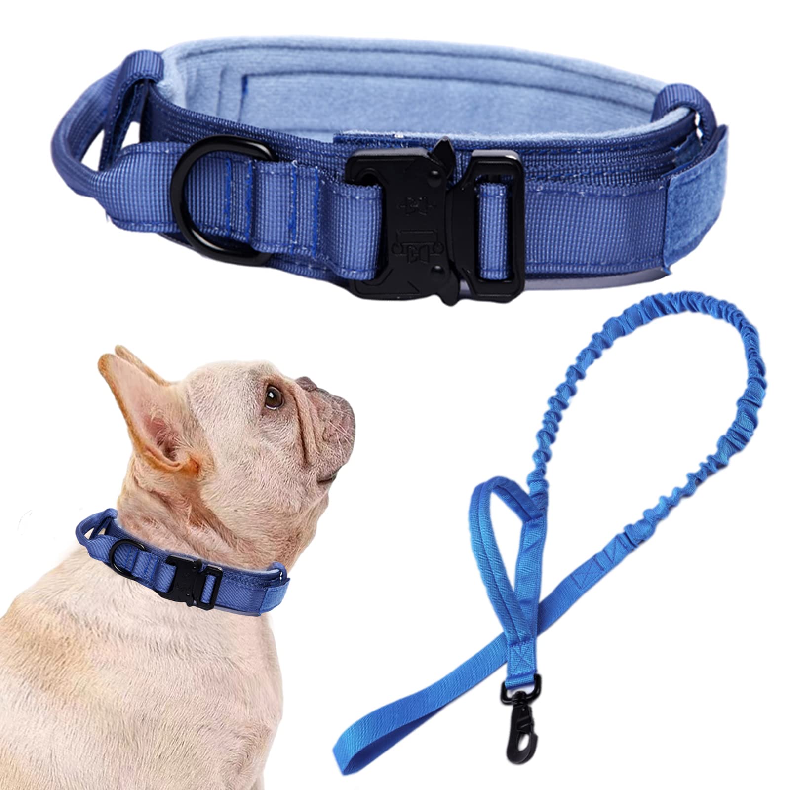 Tactical Dog Collar And Leash Set Tactical Dog Collar With Handle Bungee Leash Adjustable Military Training Nylon Collar Dog Training Collar Leash Set With Control Handleand Metal Buckle(Dark Blue S