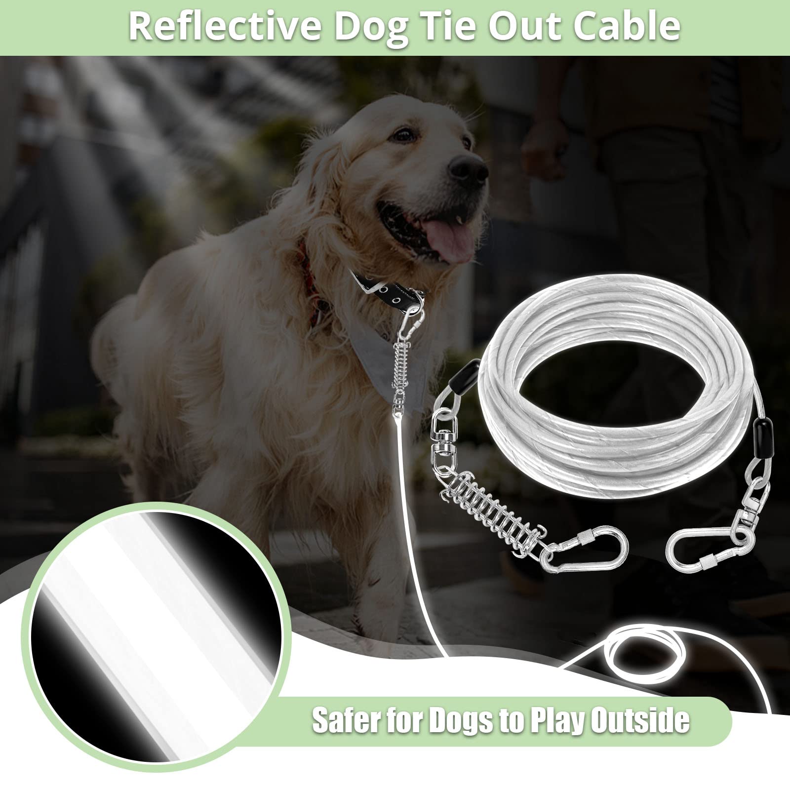 Dog Tie Out Cable: Reflective 30 Ft Heavy Duty Dogs Chain For Outside With Shock Absorbing Spring - Dog Runner Leash For Yard Ca