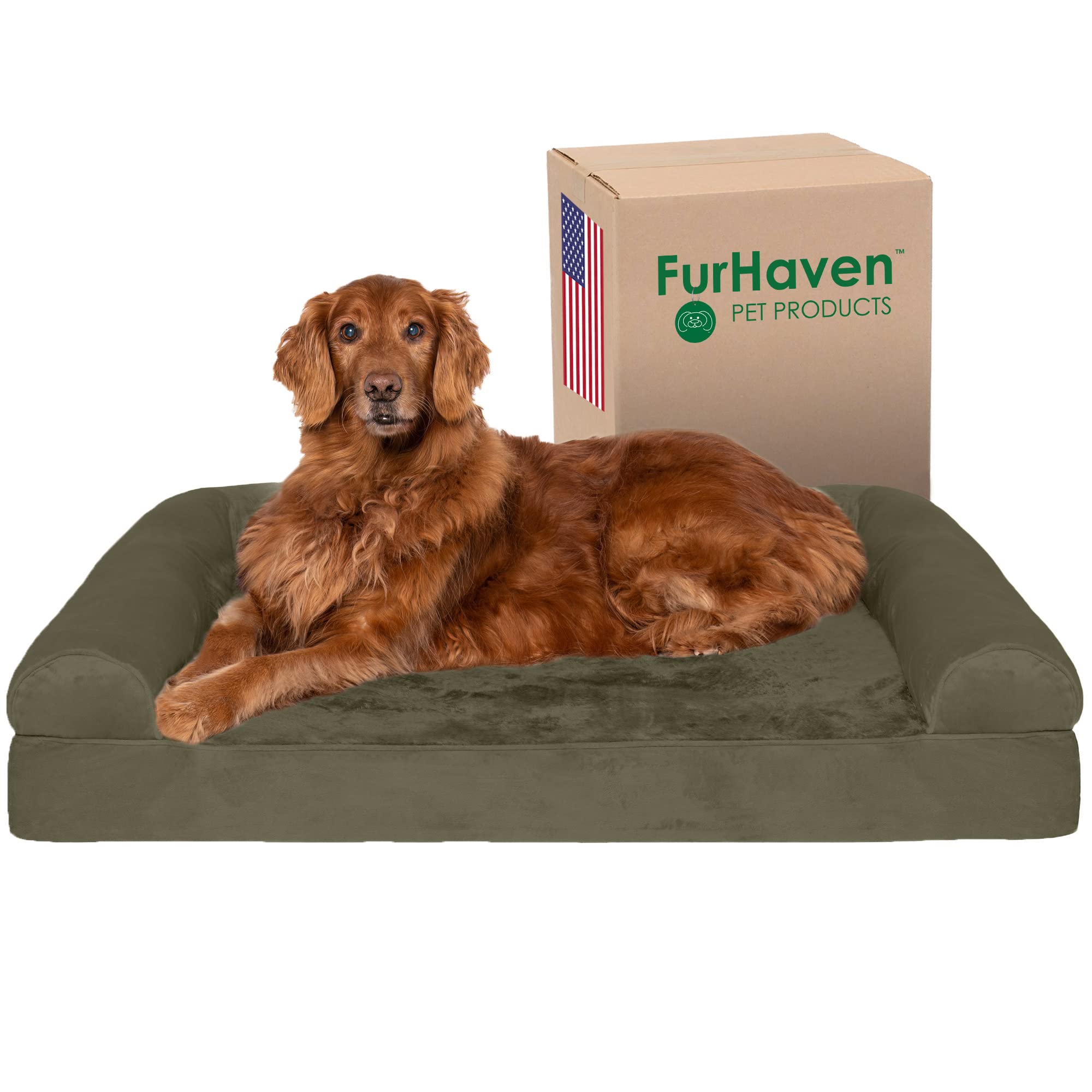 Furhaven Orthopedic Dog Bed For Large Dogs W/ Removable Bolsters & Washable Cover, For Dogs Up To 95 Lbs - Faux Fur & Velvet Sofa - Dark Sage, Jumbo/Xl