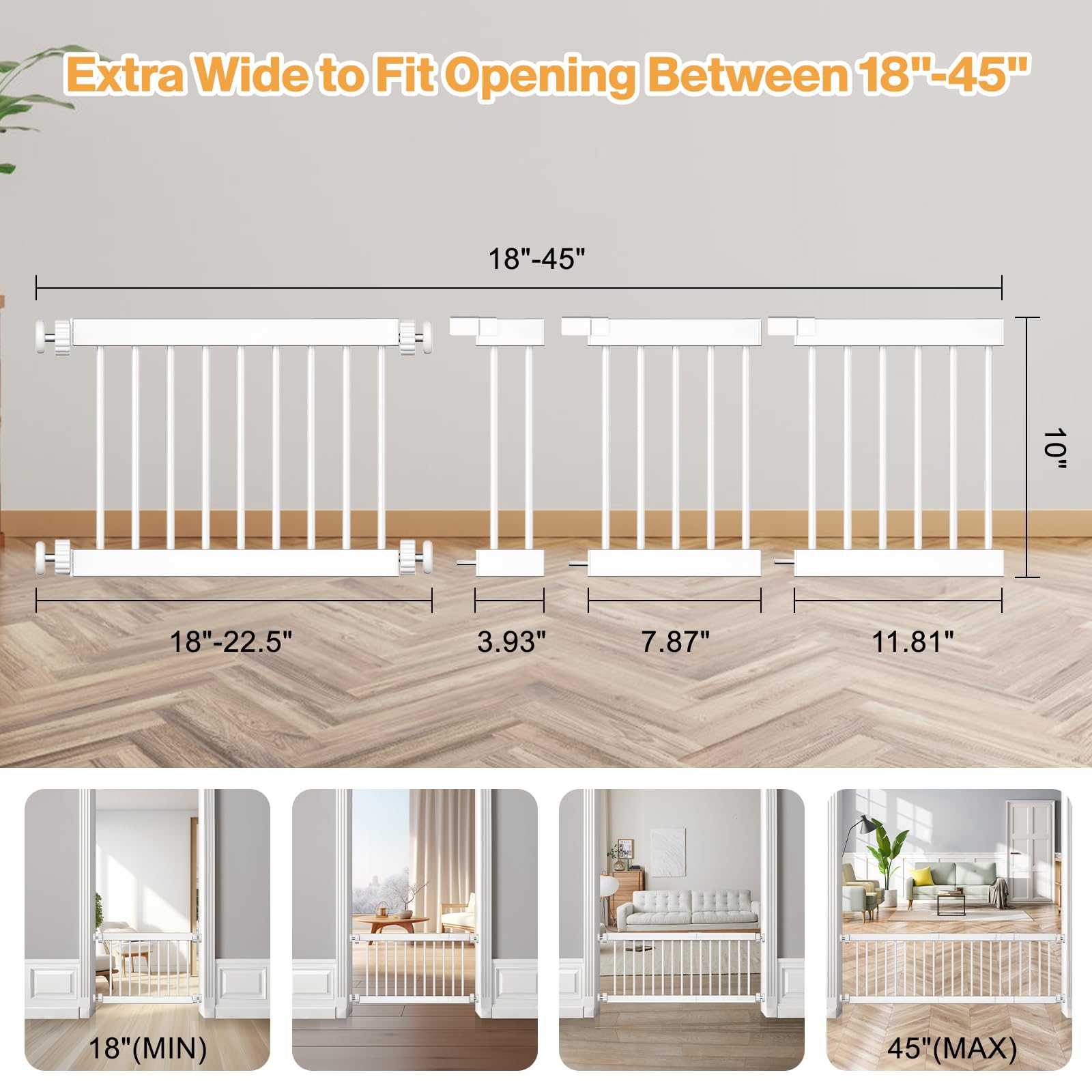 Fldofaves Dog Gate Indoor,18''-45'' Extra Wide Metal Short Dog Gate To Step Over, 14'' Tall Small Pet Gate With 3 Extension Kits