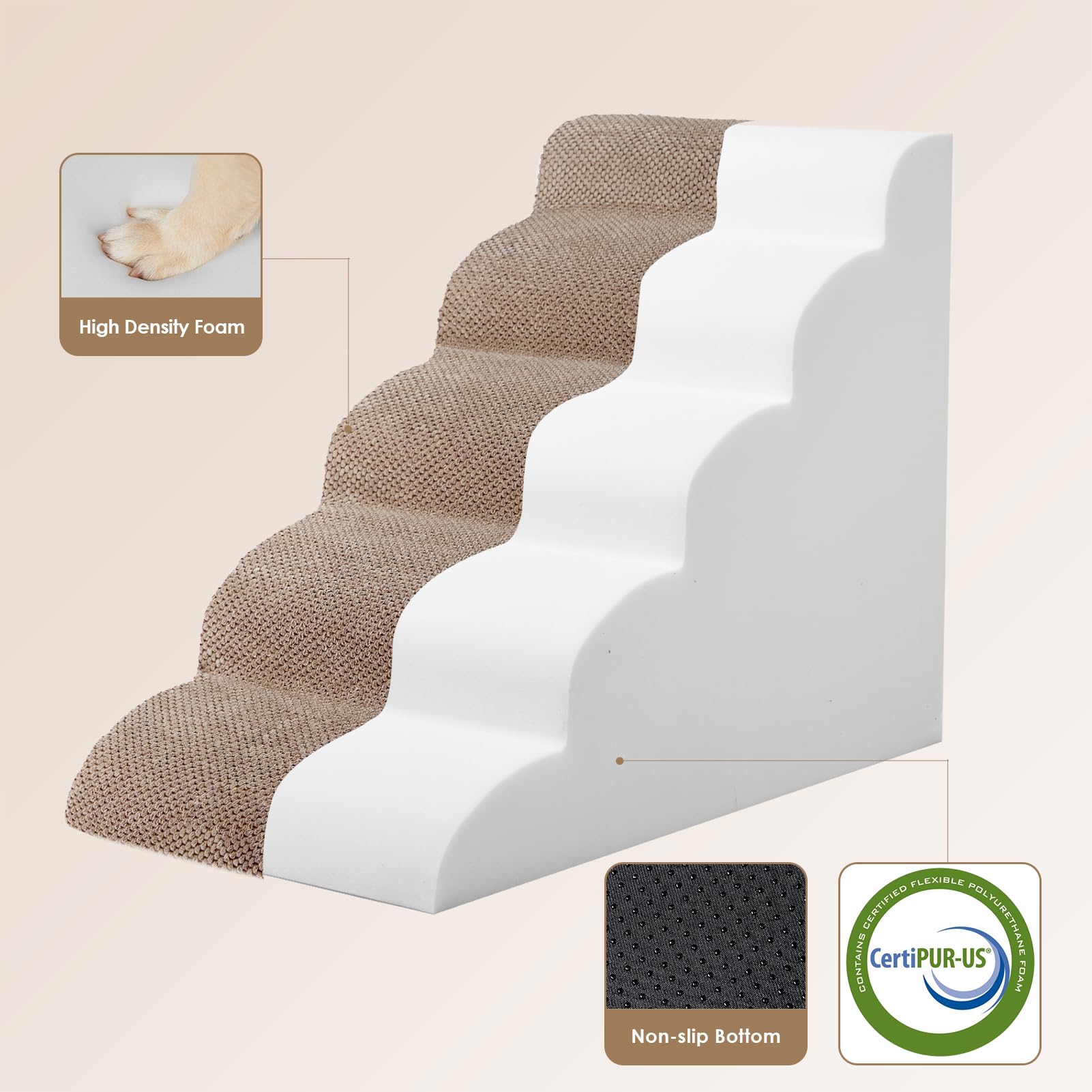 EHEYCIGA Curved Dog Stairs Ramp - 5-Step Pet Steps for High Beds, Non-Slip, Camel Color, Model ECUS23PPT10FB25FI