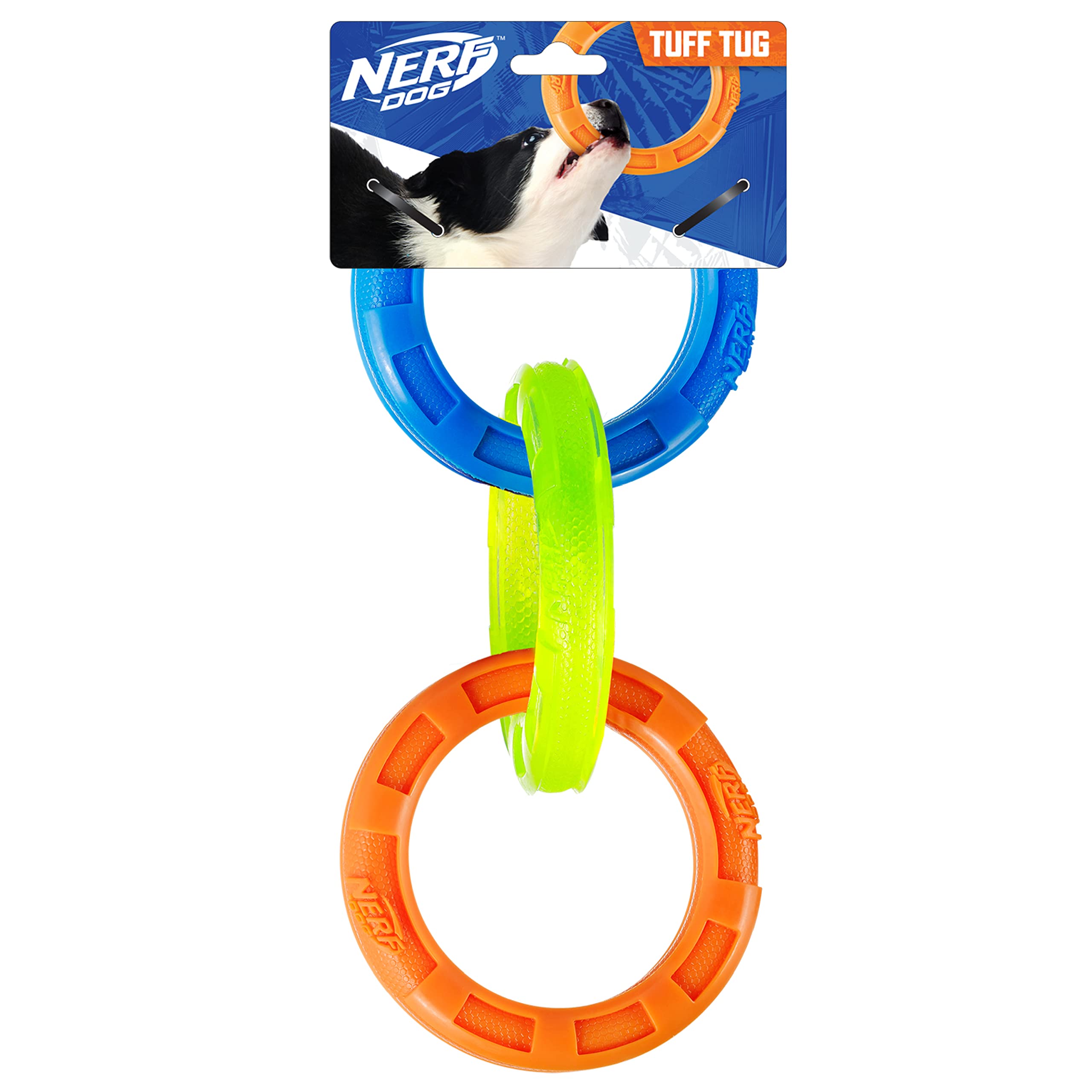 Nerf Dog 11.5In 3-Ring Tpr Tug - Blue, Green & Orange