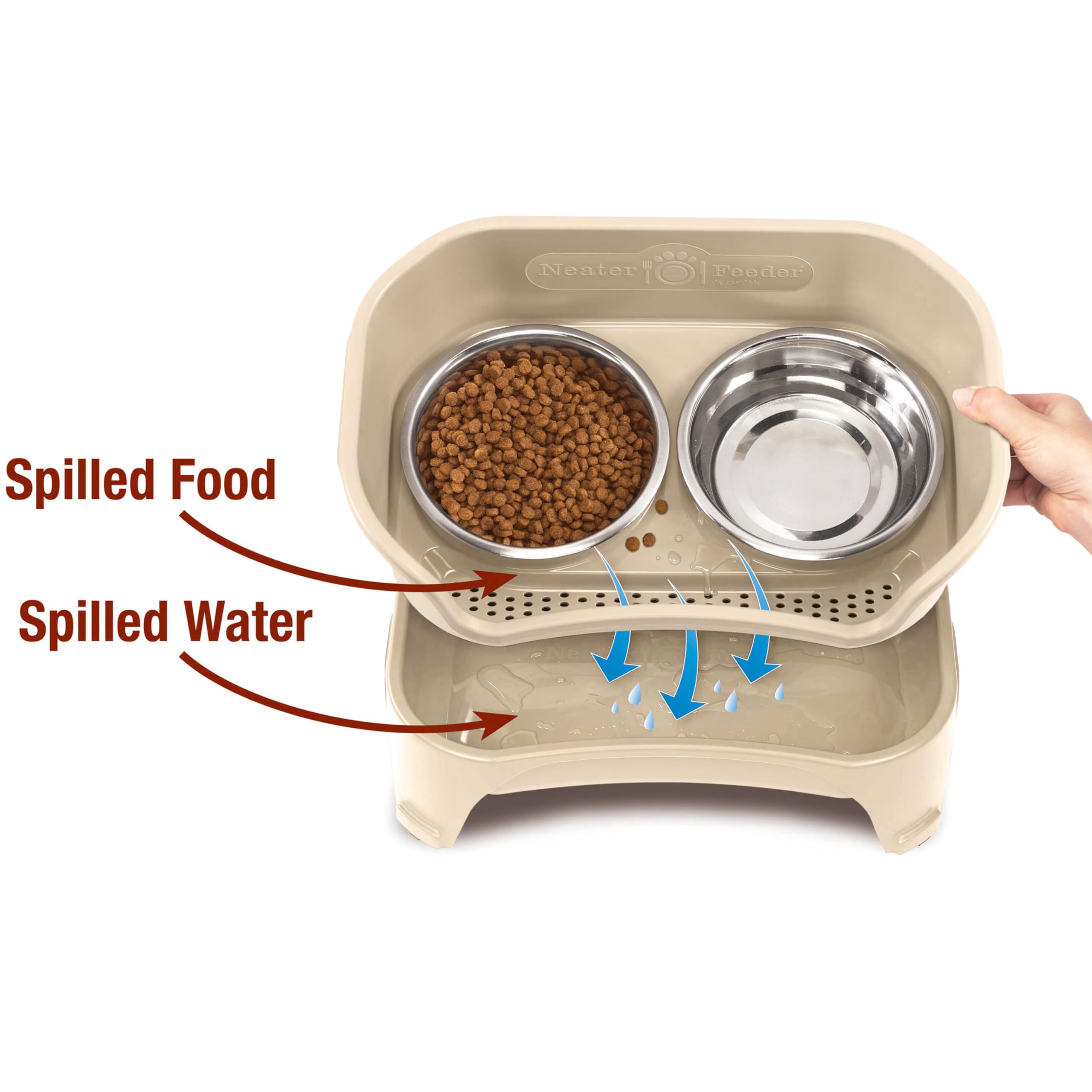 Neater Feeder - Express Model W/ Slow Feed Bowl - Mess-Proof Dog Bowls (M/L, Almond) Made In Usa - Elevated, No Spill, Non-Tip,