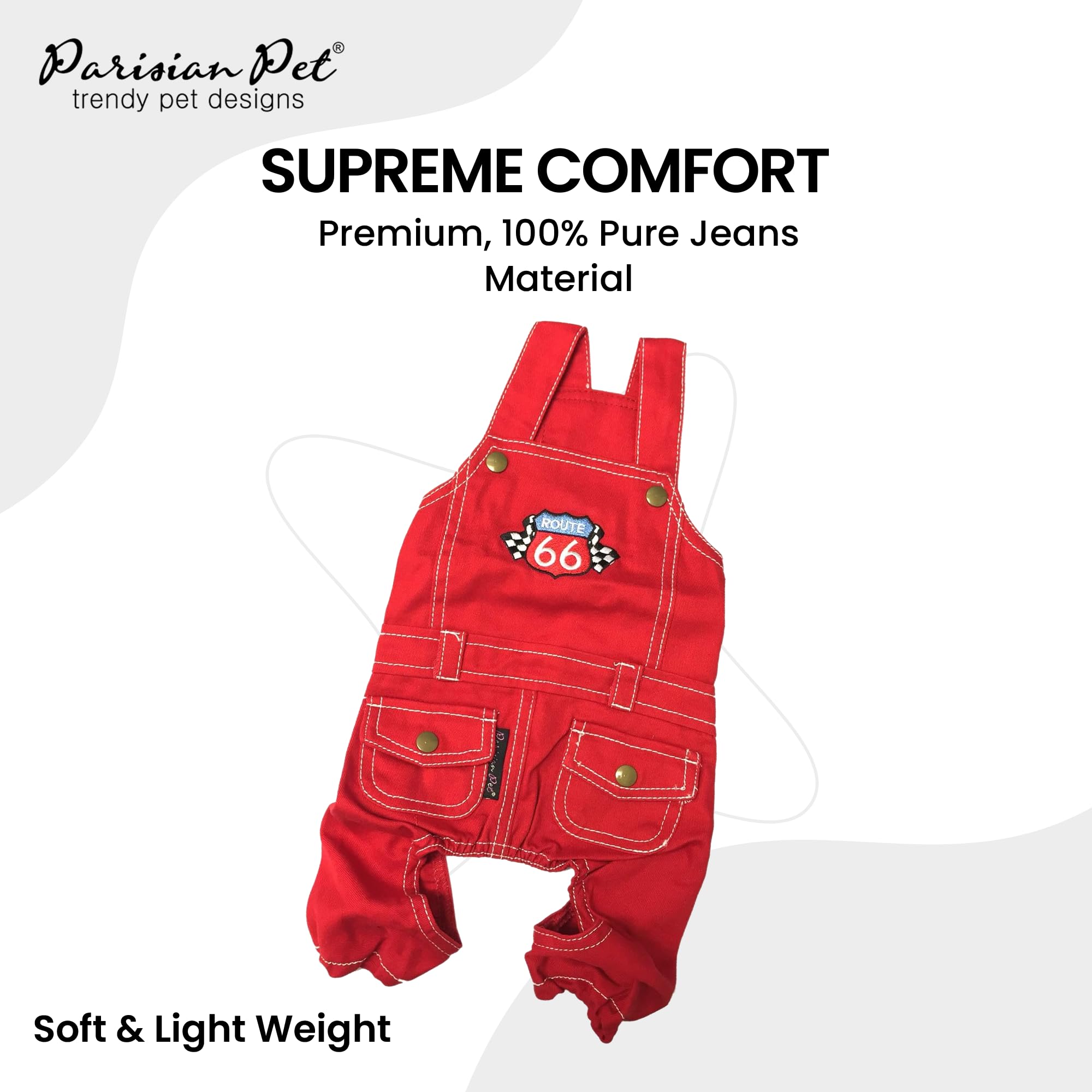 Parisian Pet Denim Dog Overalls - Embroidered 'Route 66' Red Jumpsuit - Breathable, Machine-Washable Medium Dog Costume