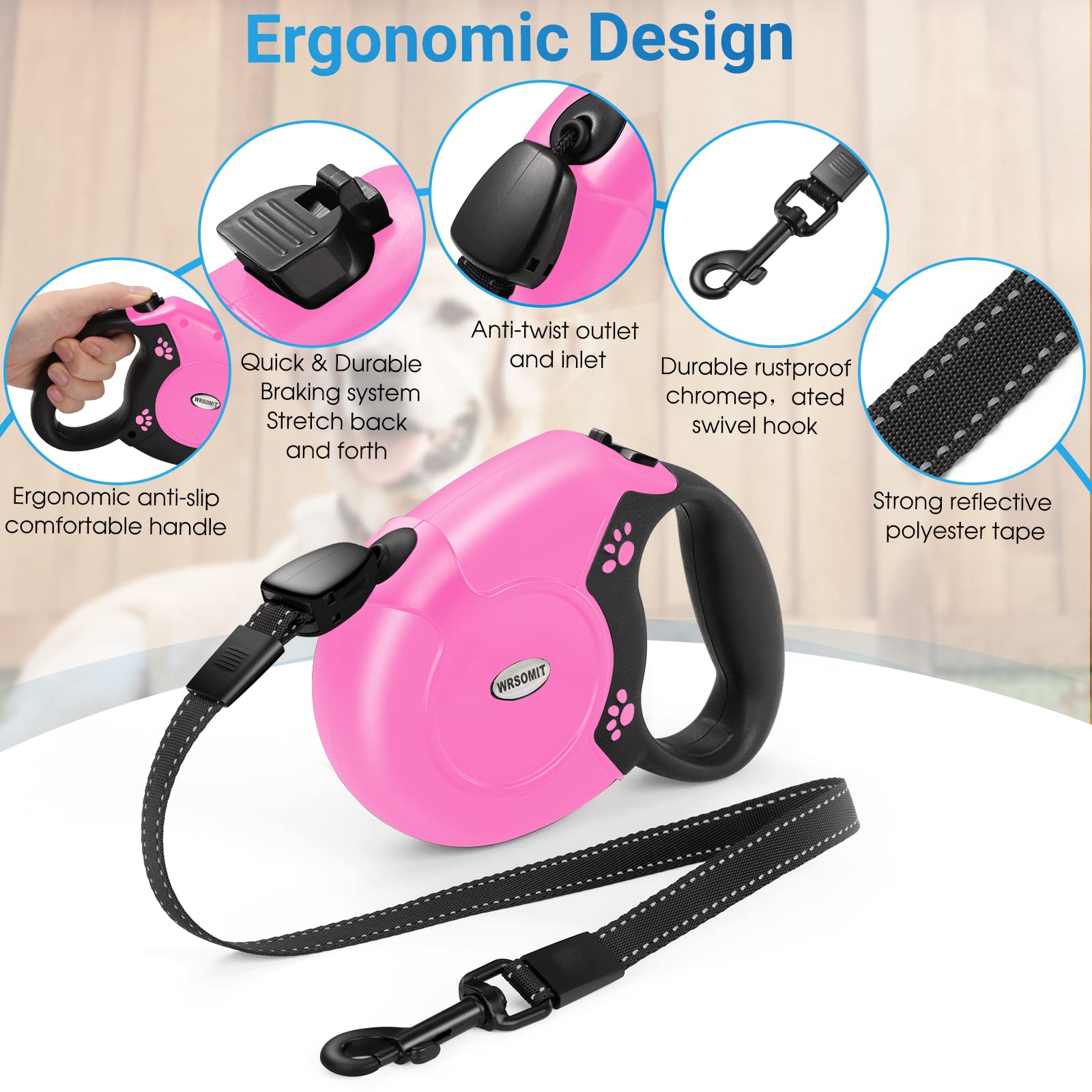 Wrsomit Retractable Dog Leash, 26 Ft Heavy Duty Pet Walking Leash For Small Medium Large Dogs Up To 99Lbs, Anti-Slip Handle, 360
