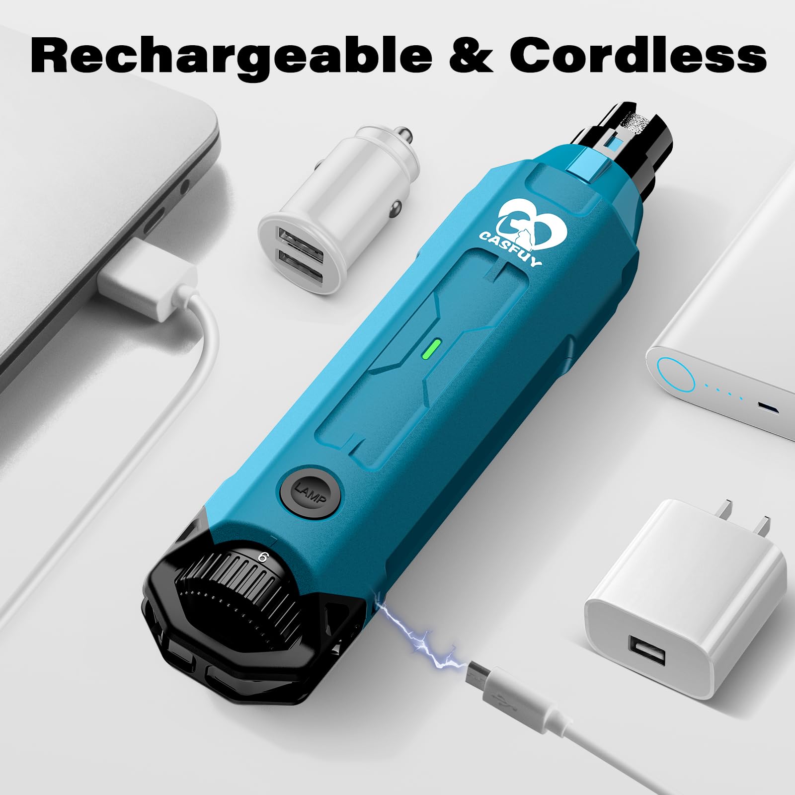 Casfuy 6-Speed Dog Nail Grinder - Newest Enhanced Pet Nail Grinder Super Quiet Rechargeable Electric Dog Nail Trimmer Painless Paws Grooming & Smoothing Tool For Large Medium Small Dogs (Bright Blue)