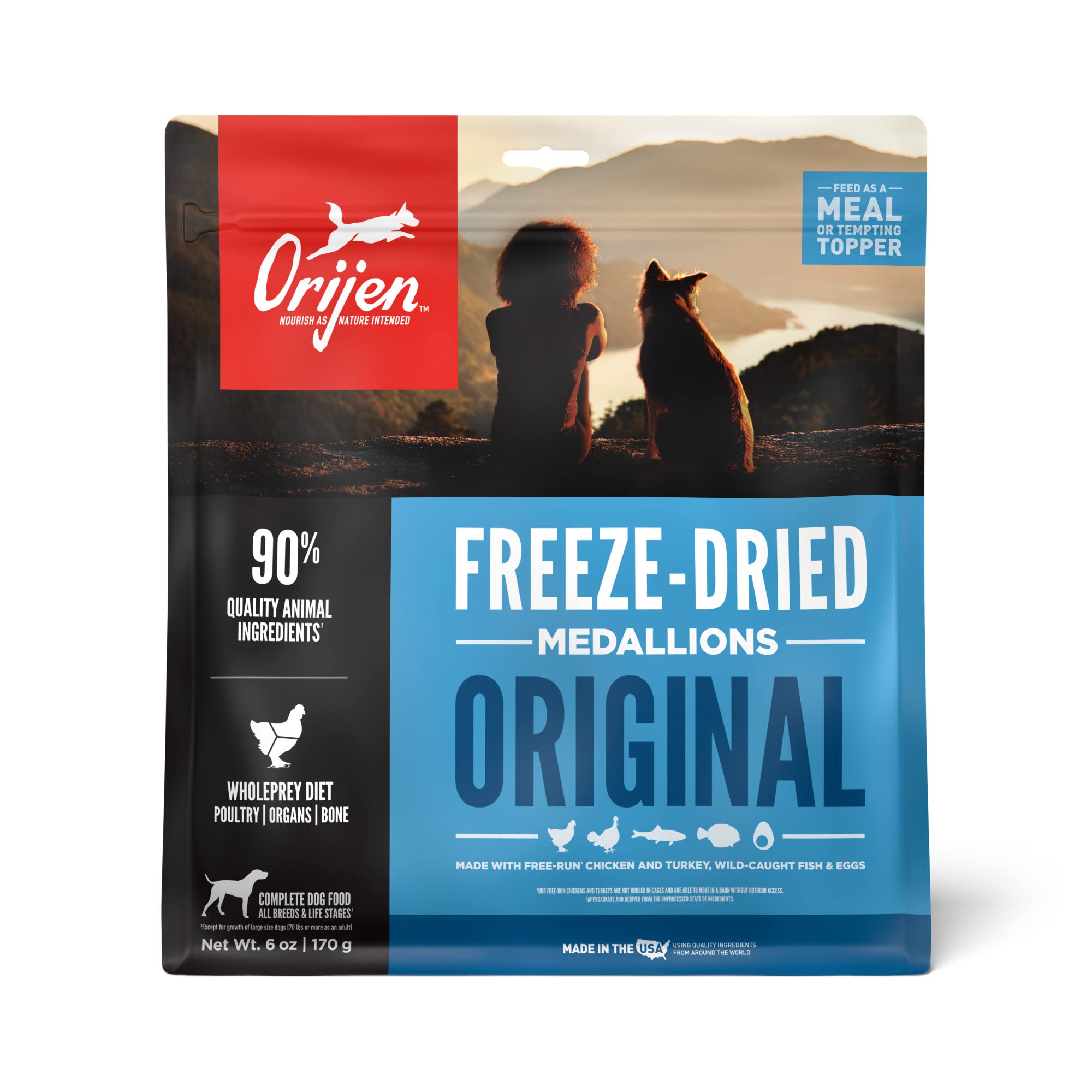 ORIJEN Grain Free High Protein Freeze Dried Dog Food & Topper Original Recipe 6oz Bag