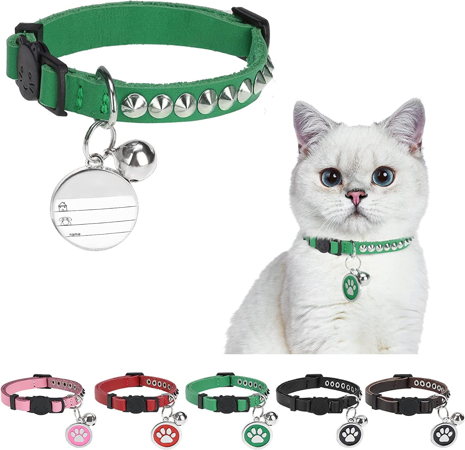 Dillybud Leather Personalized Breakaway Cat Collar With Studded Bell And Safety Quick Release Buckle - Rivets Studded Id Diy Collars For Boy Girl Cats Kittens, 9' - 11.5' Green