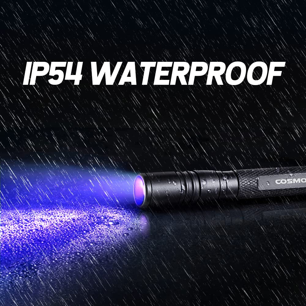 COSMOING Rechargeable UV Flashlight, 395nm Blacklight, IP54 Waterproof, Model FL16R-UV, Zoomable for Detecting Pet Stains and Insects