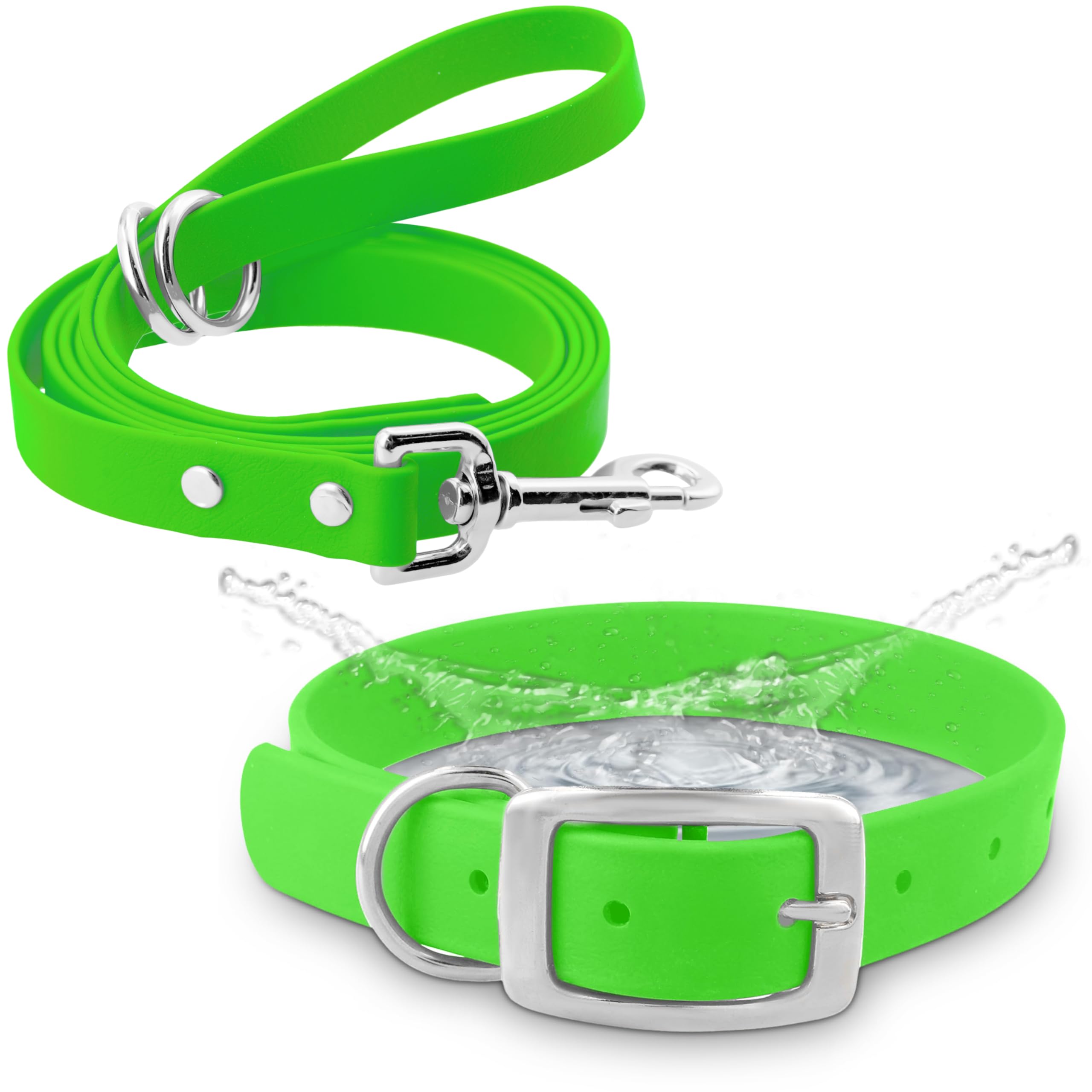 Regal Dog Products Medium Light Green Waterproof Dog Collar and Leash Set | Heavy Duty Double Buckle & D Ring - 5'ft Leash | Adj