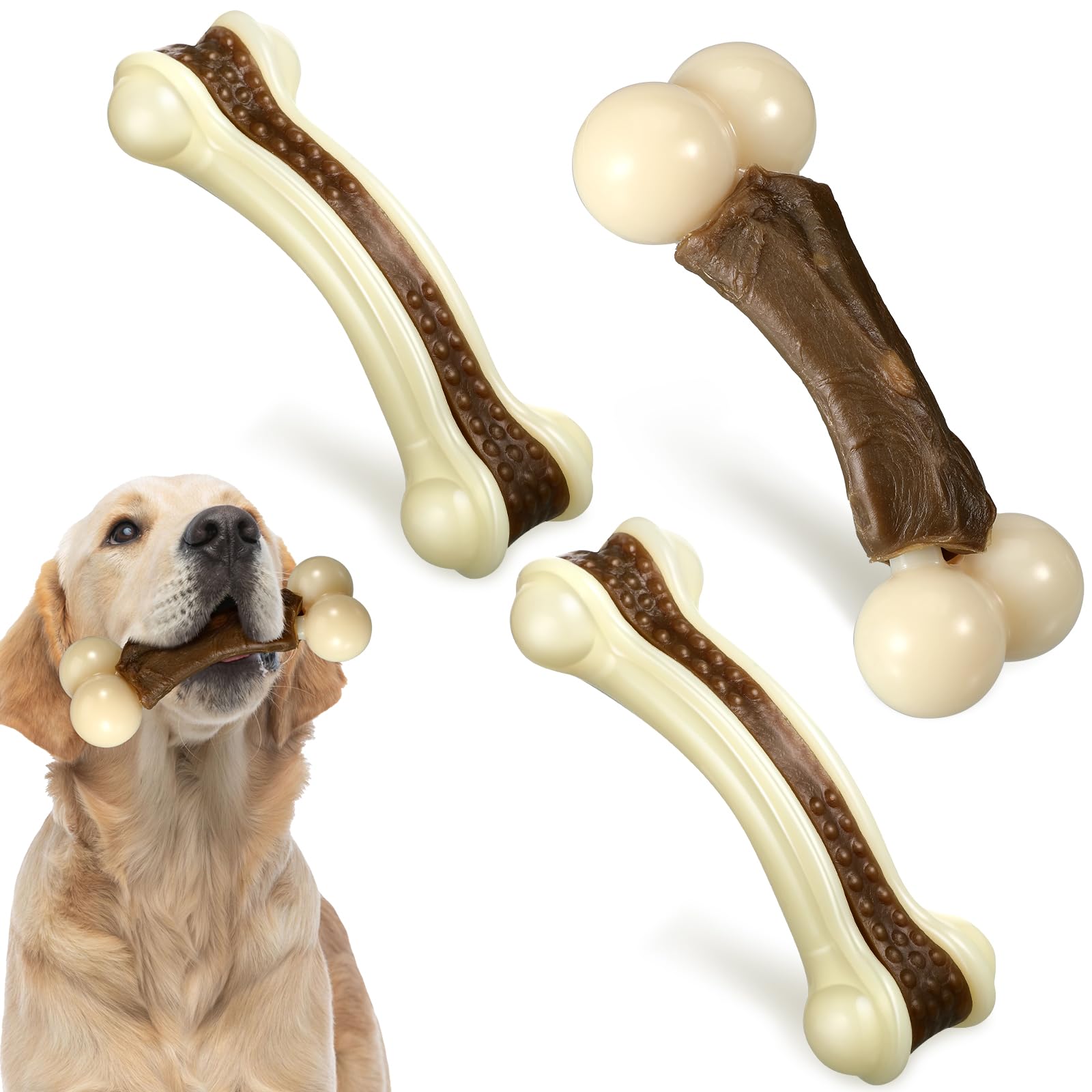 Sosation 3 Pack Chew Toys For Aggressive Chewers, Bone Toys Nylon Beef Flavor Dog Teething Toys For Large/Medium/Small Puppies B