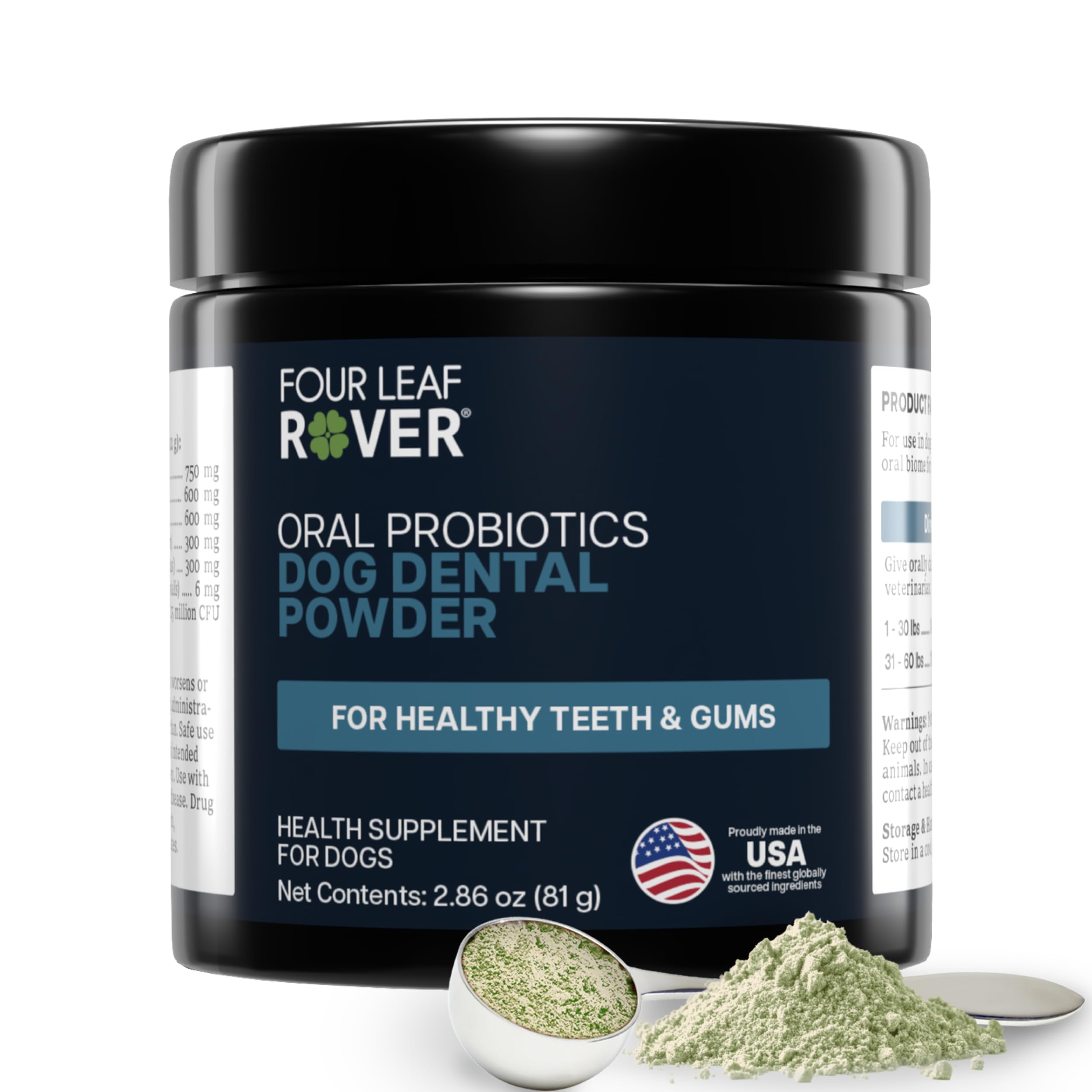 FOUR LEAF ROVER Dental Powder for Dogs - Probiotic Support for Bad Breath, Plaque & Tartar - with Kelp & Weissella Cibaria - 30-