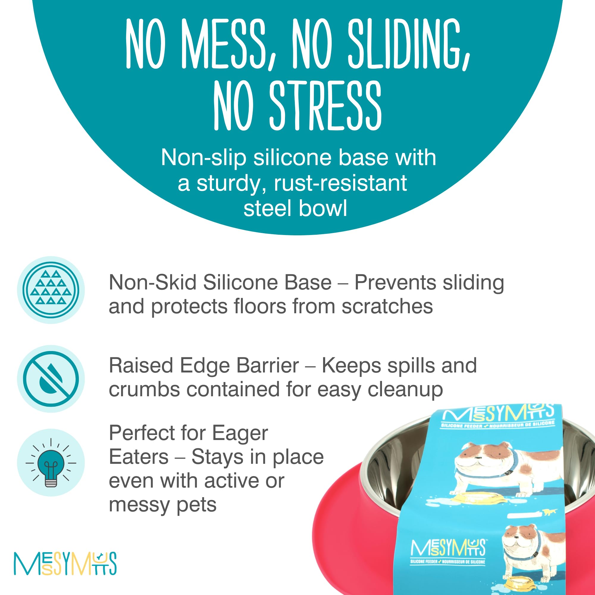 Messy Mutts Single Silicone Feeder with Stainless Bowl | Non-Skid Food Dishes for Dogs for All Pets | Dog Food Bowls | Medium, 1