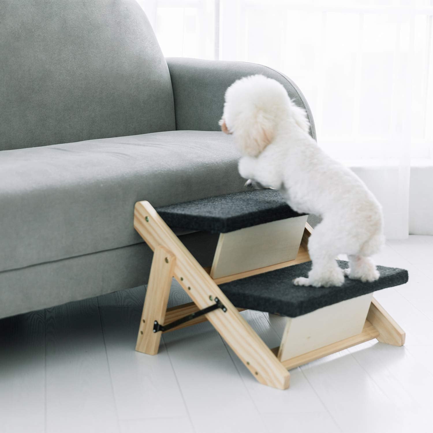 Mewang Wood Pet Stairs/Pet Steps - Foldable 3?evels?og Stairs &?amp?erfect For Beds And Cars - Portable?og/Cat Ladder Up To 110 Pounds