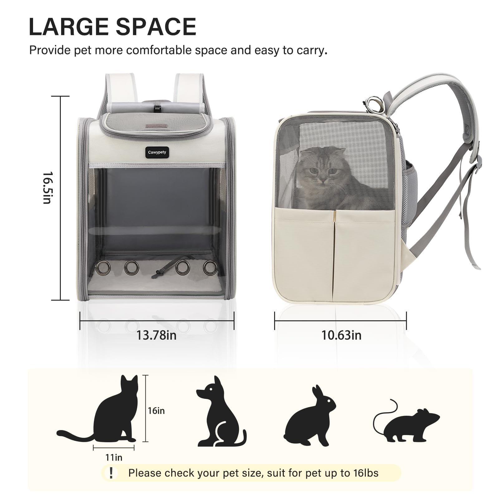 Cawypety Cat Carrier Backpack for Small Cats & Dogs, Light Gray, Model CB230822-004, Collapsible, Breathable, Travel-Friendly