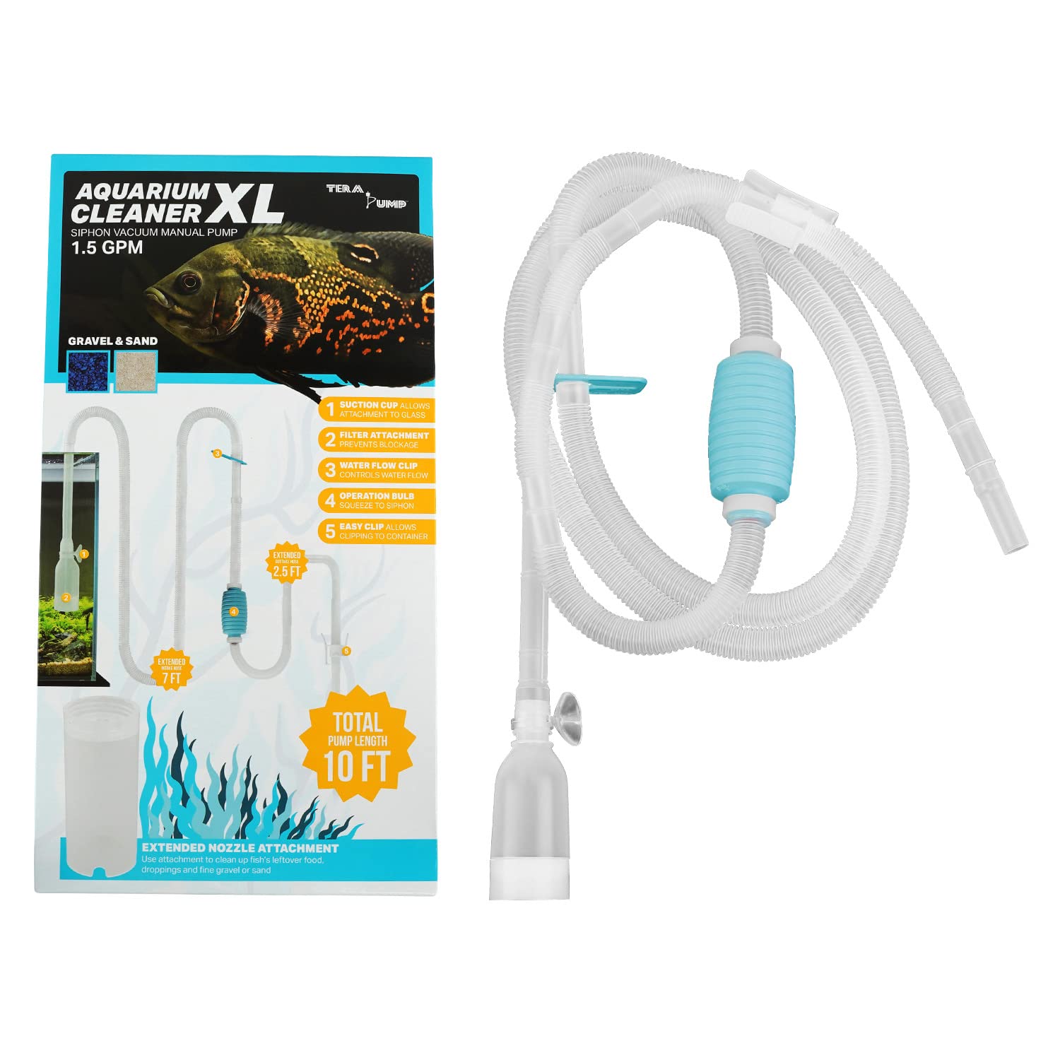 TERAPUMP BPA-Free XL Gravel Cleaner 120'' Aquarium Water Changer with Clips, Suction Cup, Flow Managing Clip, Quick & Easy Assem