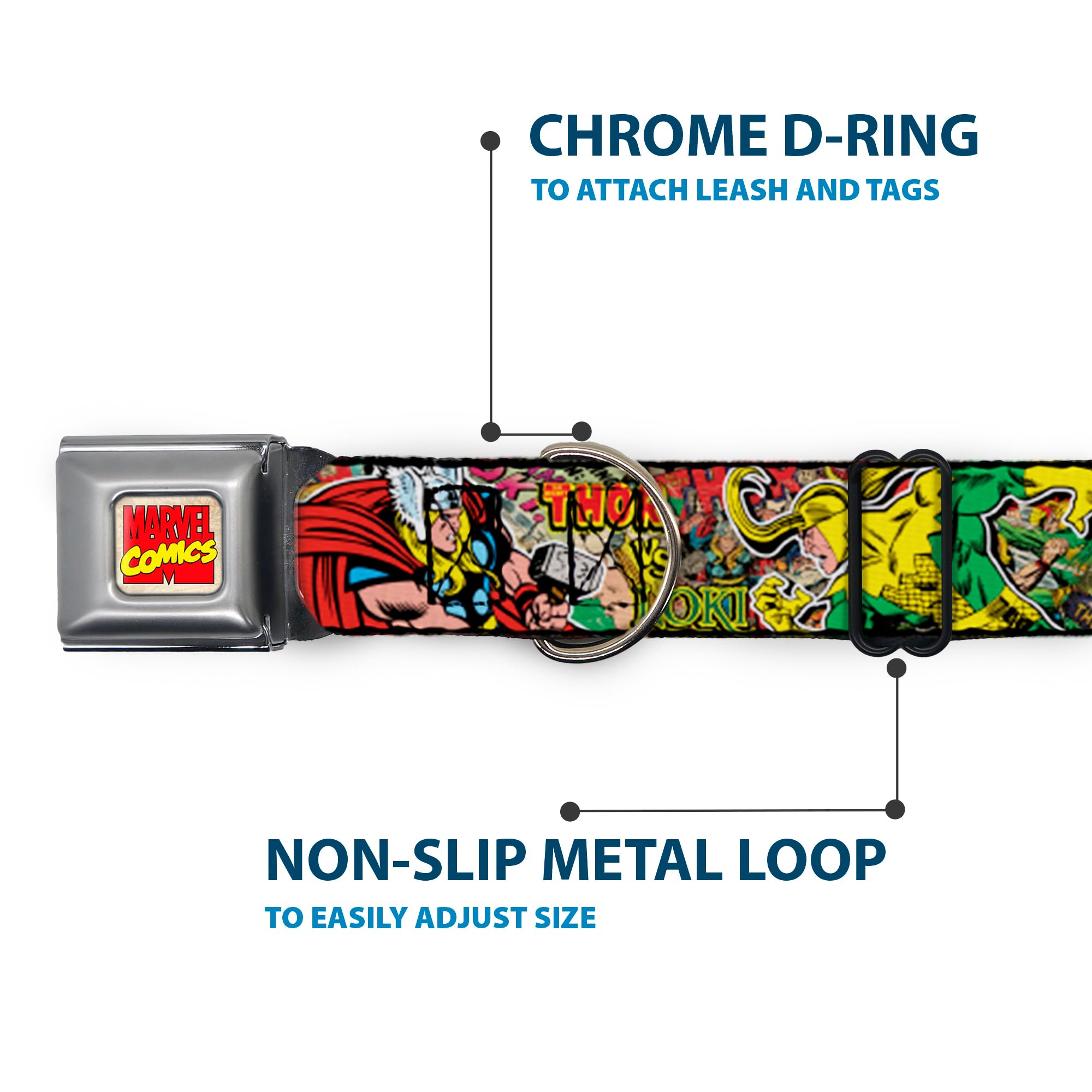 Buckle-Down Seatbelt Buckle Dog Collar - Thor & Loki Poses/Retro Comic Books Stacked - 1.5' Wide - Fits 16-23' Neck - Medium
