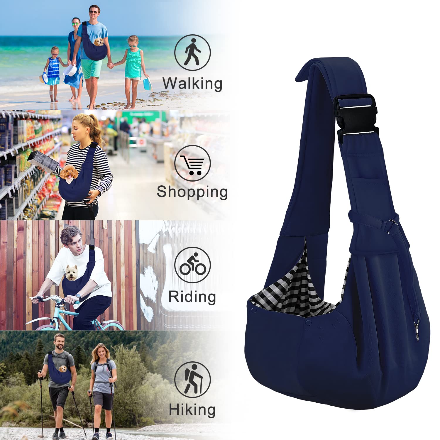 Petloft Reversible Dog Cat Sling Carrier, Small Dog Carrier, Adjustable Dog Sling, Hands Free Cross Body Carrier With Collar Hook For Dog/Cat/Bunny Up To 11Lb (Blue)