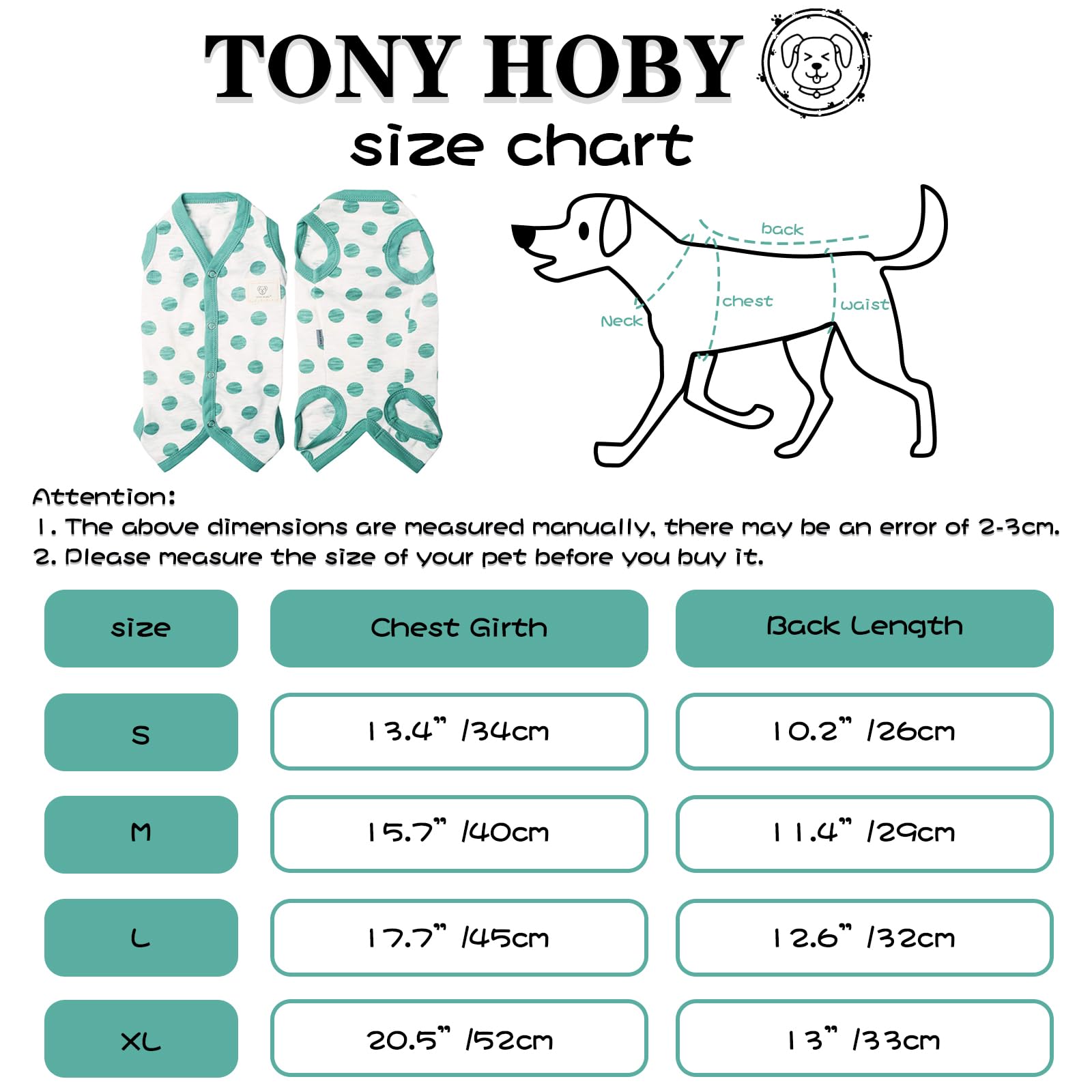 Tony Hoby Summer Dog Jumpsuit, Soft Breathable Dog Pajamas With Polka Dots (Dark Green, S)