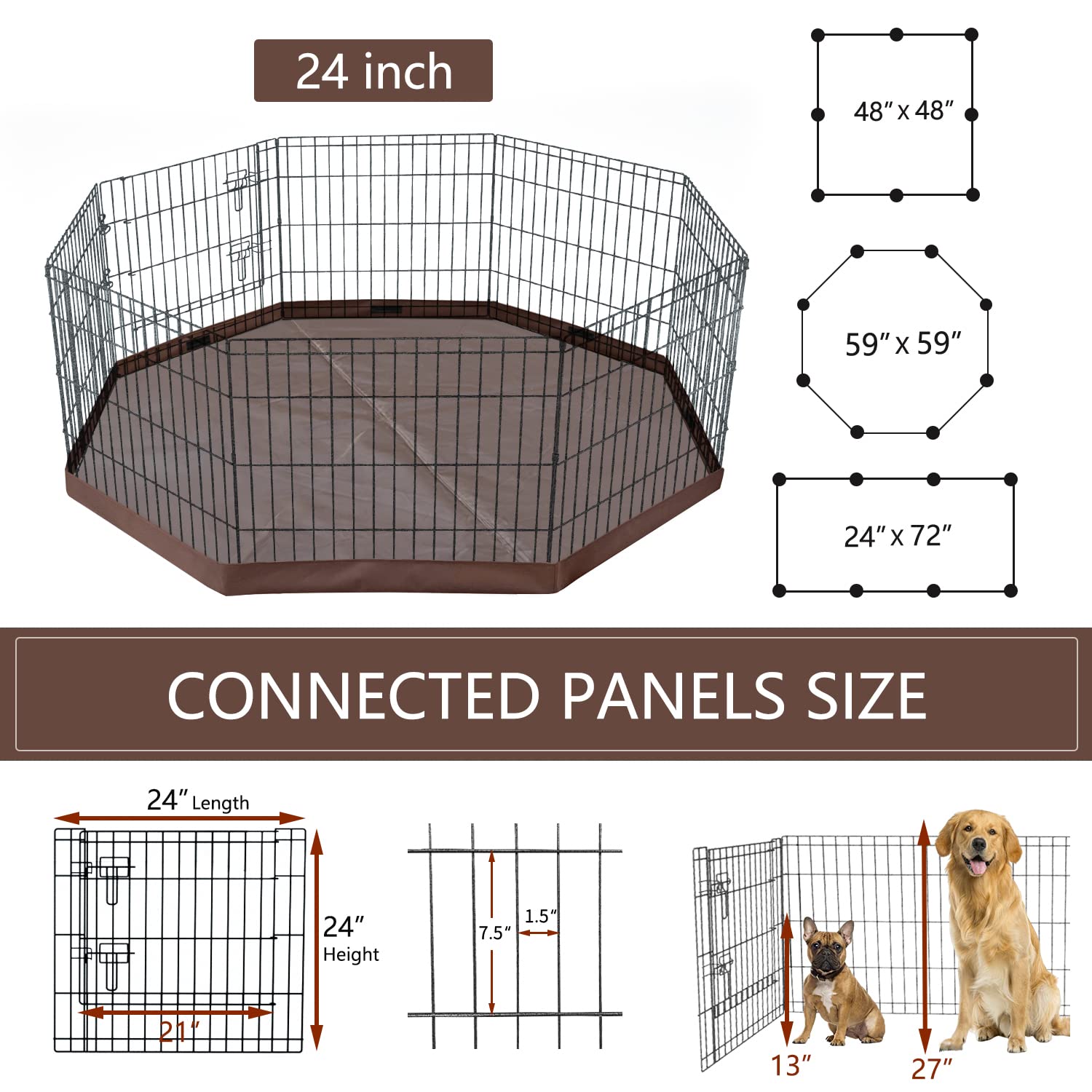 NEZUC Foldable Metal Dog Playpen Gate with Top Cover, 24" H, Brown, 8 Panels, Indoor/Outdoor Use