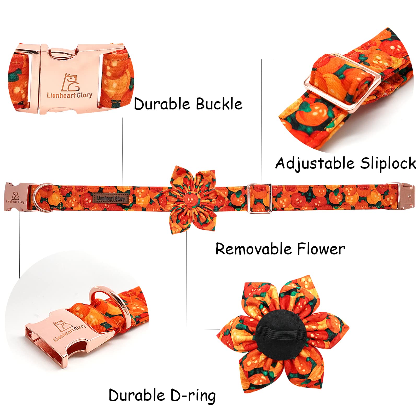 Lionheart Glory Dog Collar, Cotton S Collar With Flower, Adjustable Animal Collar For Small Dogs, Halloween Dog Collar, Pumpkin