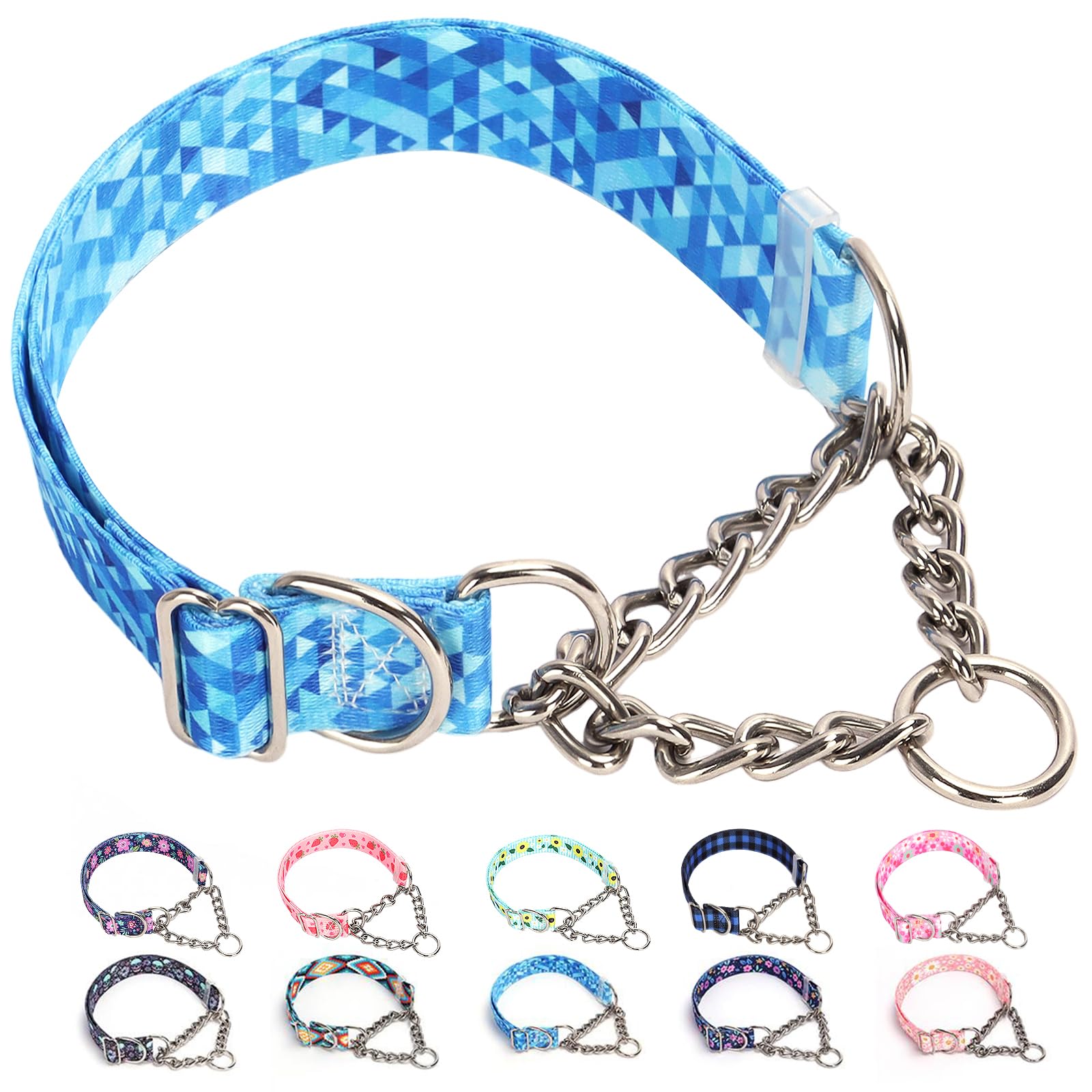 Martingale Dog Collar With Stainless Steel Chain, No Pull Slip Cinch Choker Choke Collar Training Escape Proof Heavy Duty Dog Co