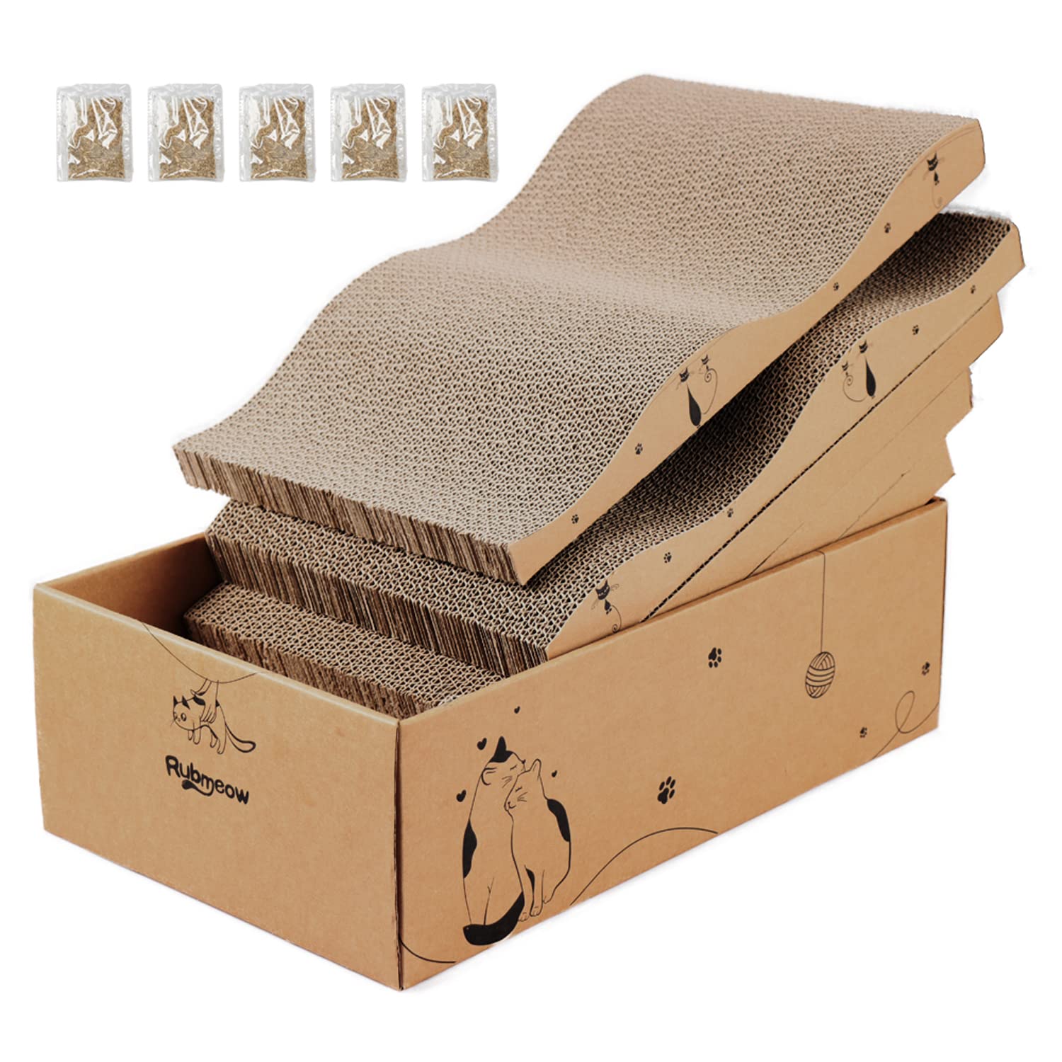 Rubmeow Cat Scratcher Cardboard Scratch Pad Box For Indoor Cats,5Pcs Scratching Board Bed Reversible Durable,With Catnip