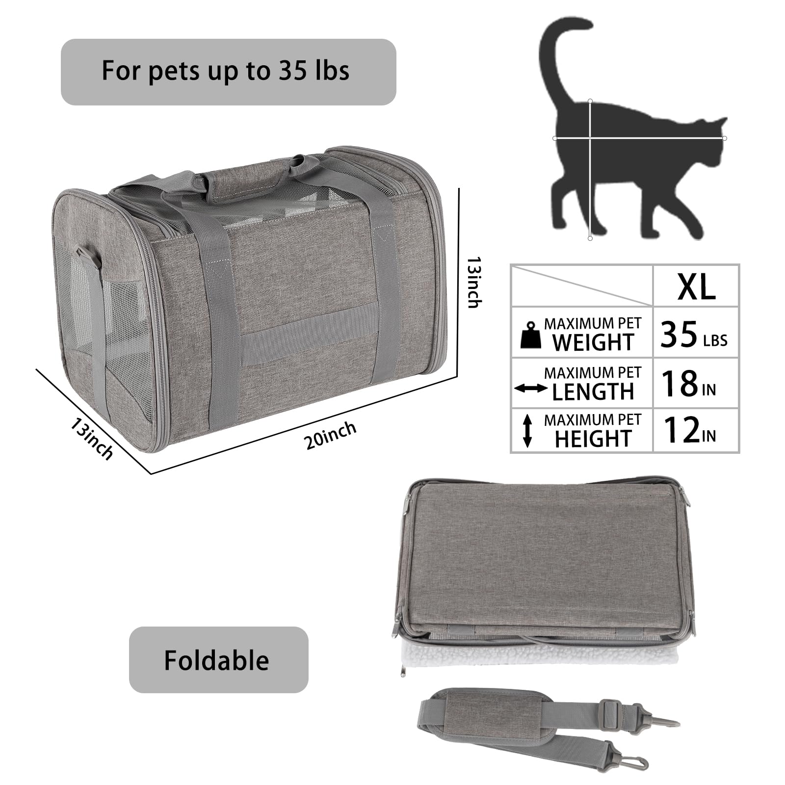 Cat Carrying Case - Pet Carrier Airline Approved, Protable And Breathable Pet Travel Carrier Removable Fleece Pad, Collapsible Cat Carrier Dog Carrier For Medium Cats Small Cats Dogs (X-L Grey&Black)