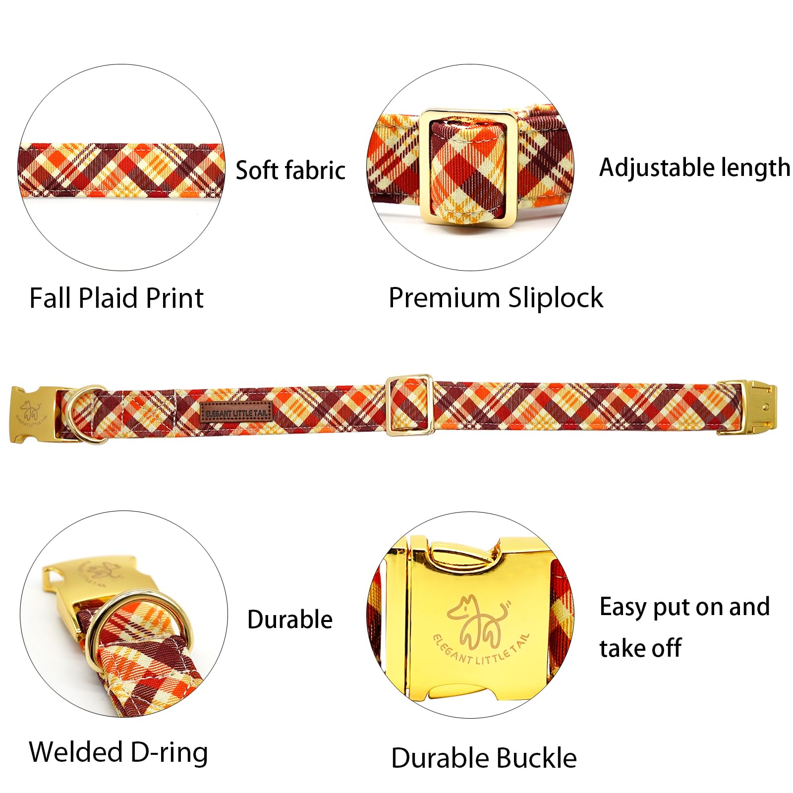 Elegant Little Tail Dog Collar - Fall Orange Plaid Pet Collar With Metal Buckle, Adjustable Cotton Collar For X-Large Dogs, Pupp