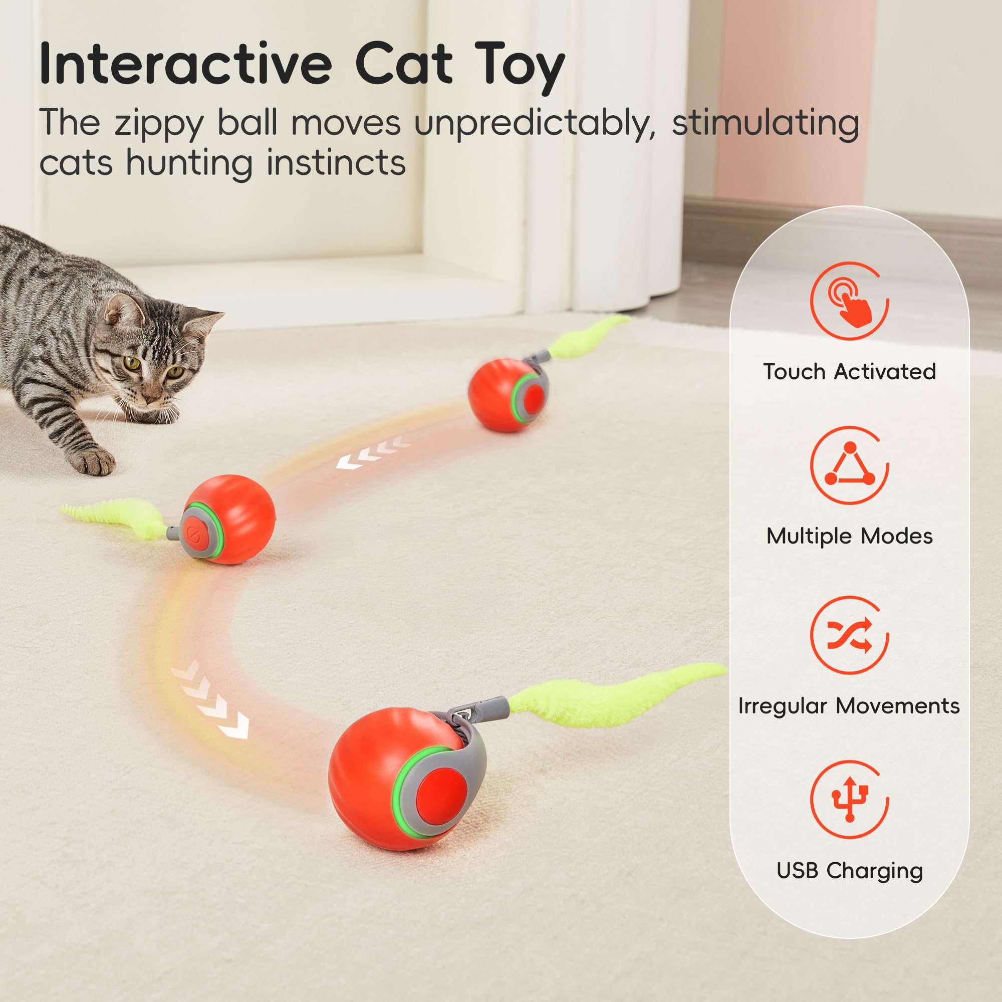 Potaroma Interactive Moving Ball Cat Toy - Rechargeable Orange with Feather Tail, Model Potaroma-TTQ for Indoor Cats