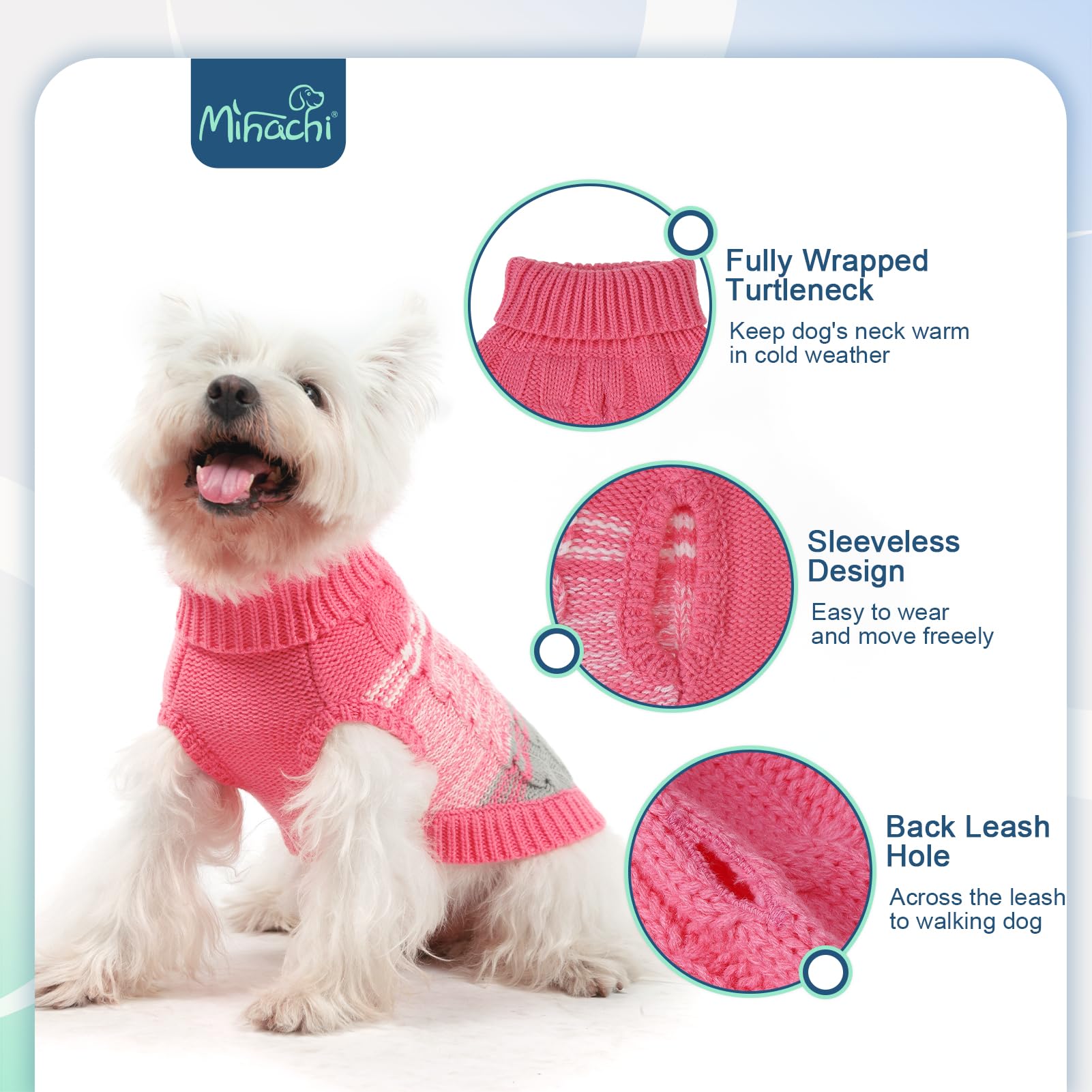 Mihachi Medium Dogs' Pink Turtleneck Sweater - Soft, Warm Knit Dog Coat With Leash Hole For Cold Weather, Fits Large, Cat Or Pup