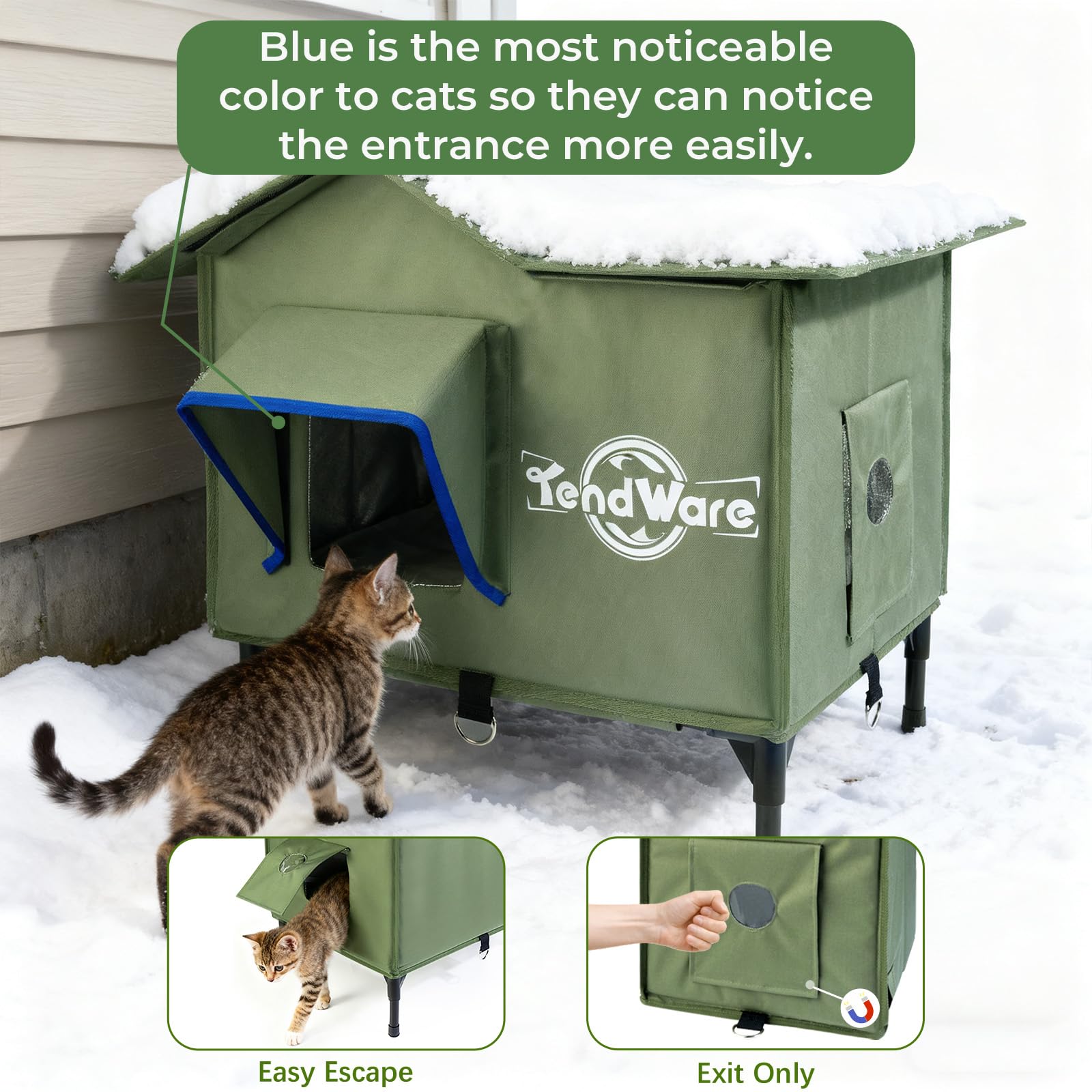 TENDWARE Outdoor Cat House Heated Cat House for Outside with Elevated Base Cat-Attracting Eave Design Feral Stray Shelter Weathe