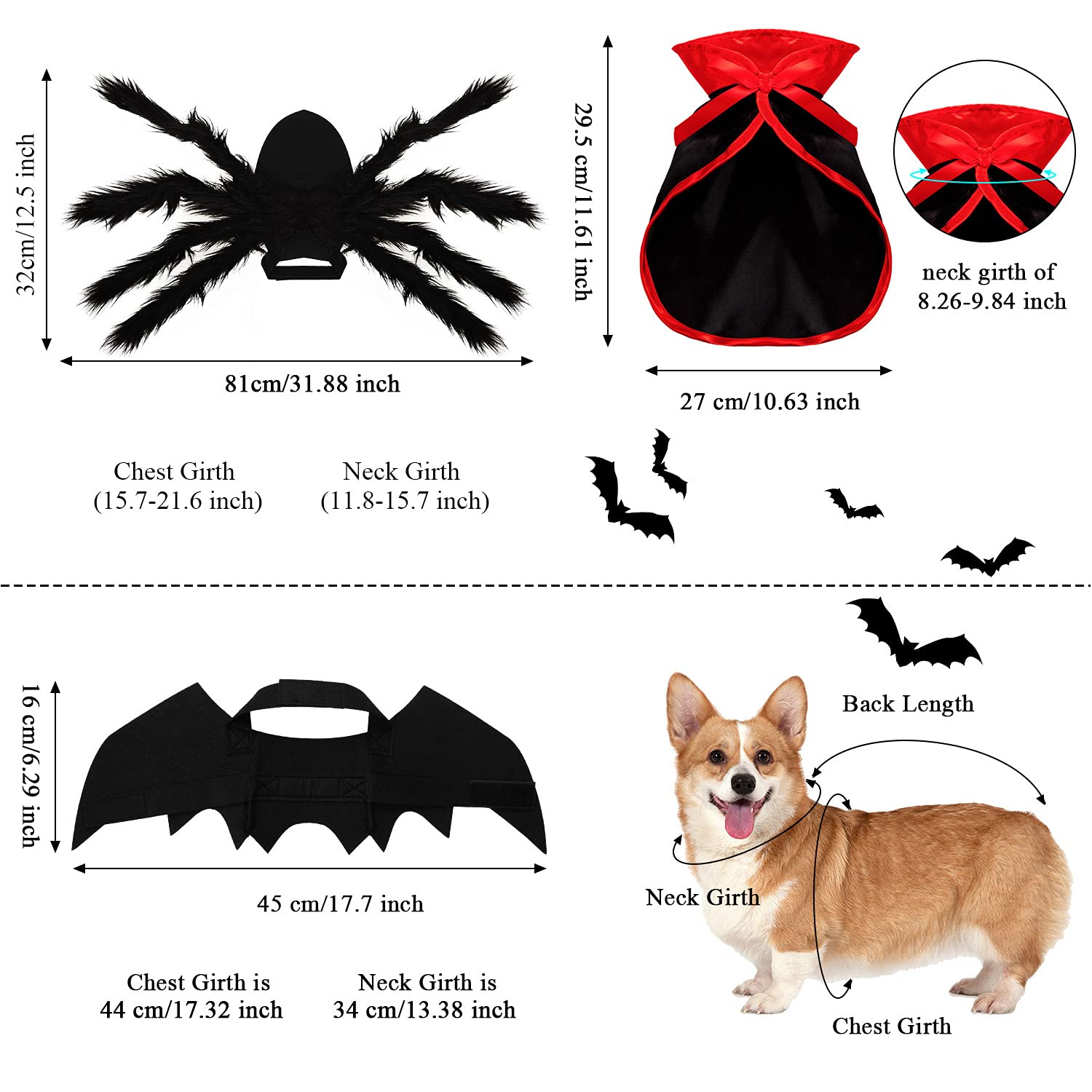 3 Piece Halloween Cat Dog Costume Set, Pet Bat Witch Vampire Pumpkin Cloak Giant Imitation Pet Spider Pets Costume Cosplay Accessories Halloween Pets Decoration For Dogs Puppy Cats (Gothic,M)