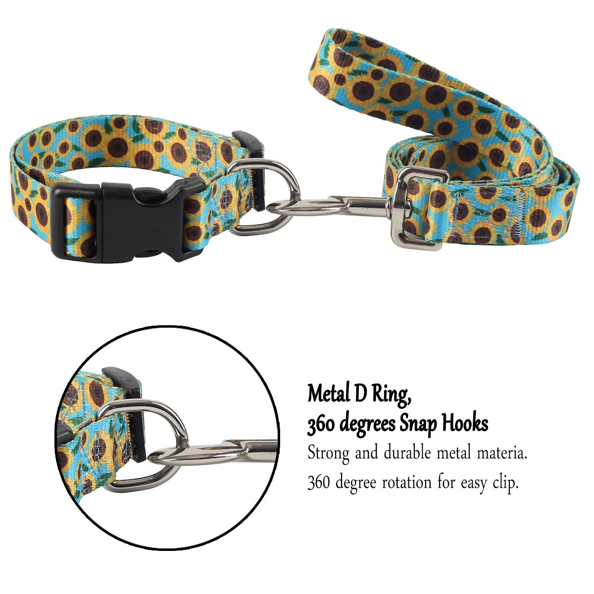 Coomour 2Pcs Sunflower Dog Collars And Pet Floral Leash Set Puppy Adjustable Collars For Small Medium Large Dogs Boys Girls (X-L