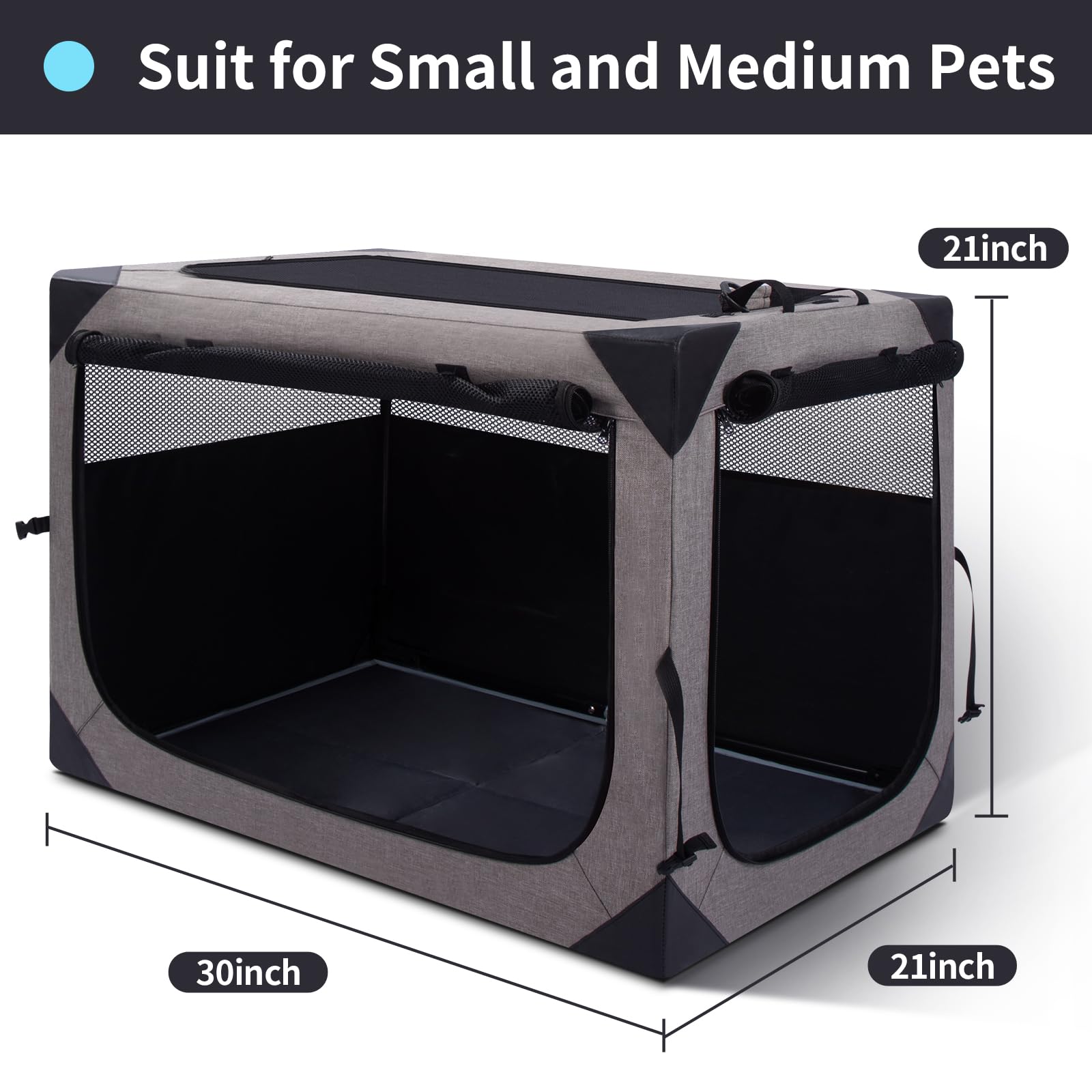 30 Inch Portable Travel Dog Crate, 3 Door Collapsible Soft Pet Kennel with Durable Mesh Windows for Medium Dogs, Foldable Dog Ca