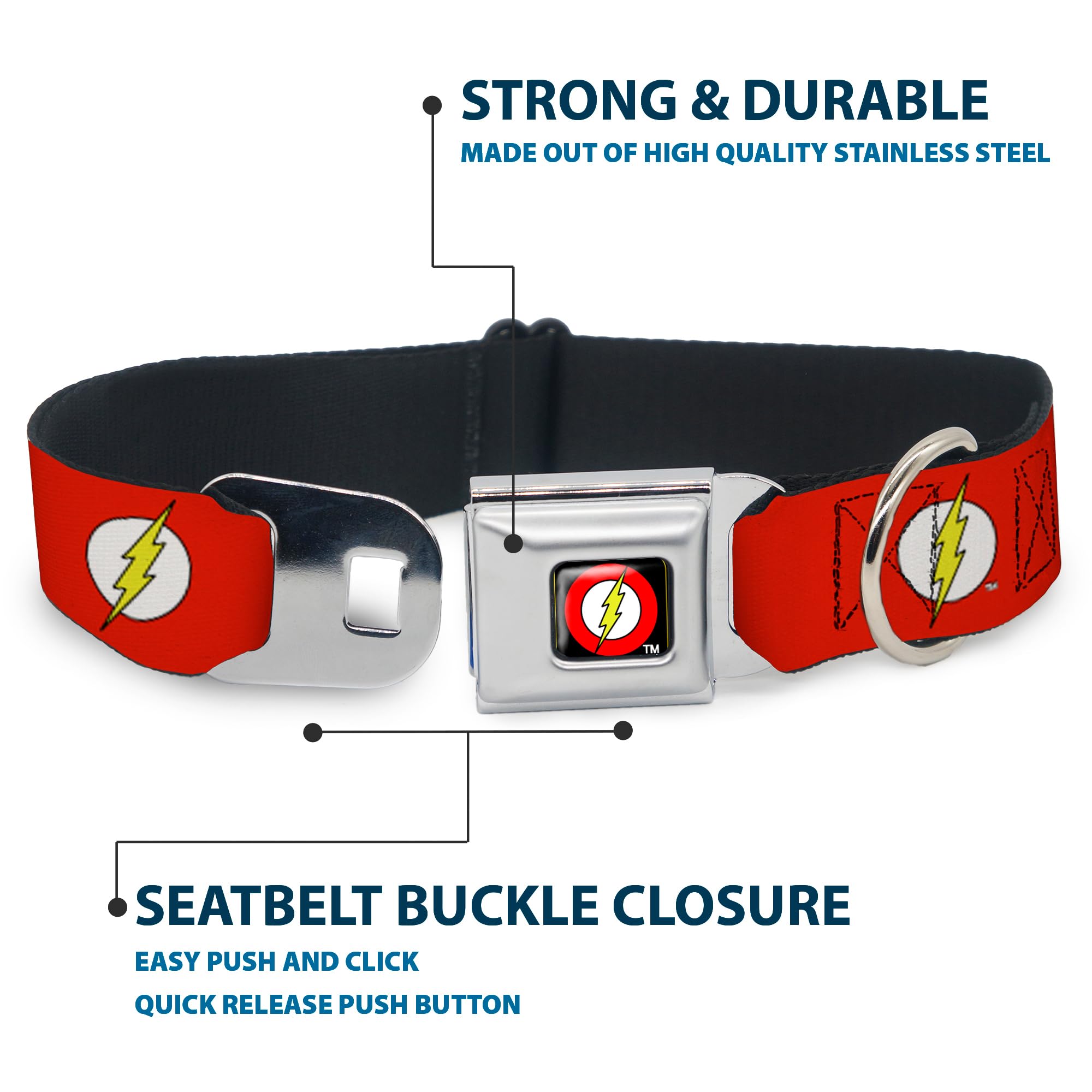 Buckle-Down Dog Collar Seatbelt Buckle Flash Logo Red White Yellow 18 To 32 Inches 1.5 Inch Wide