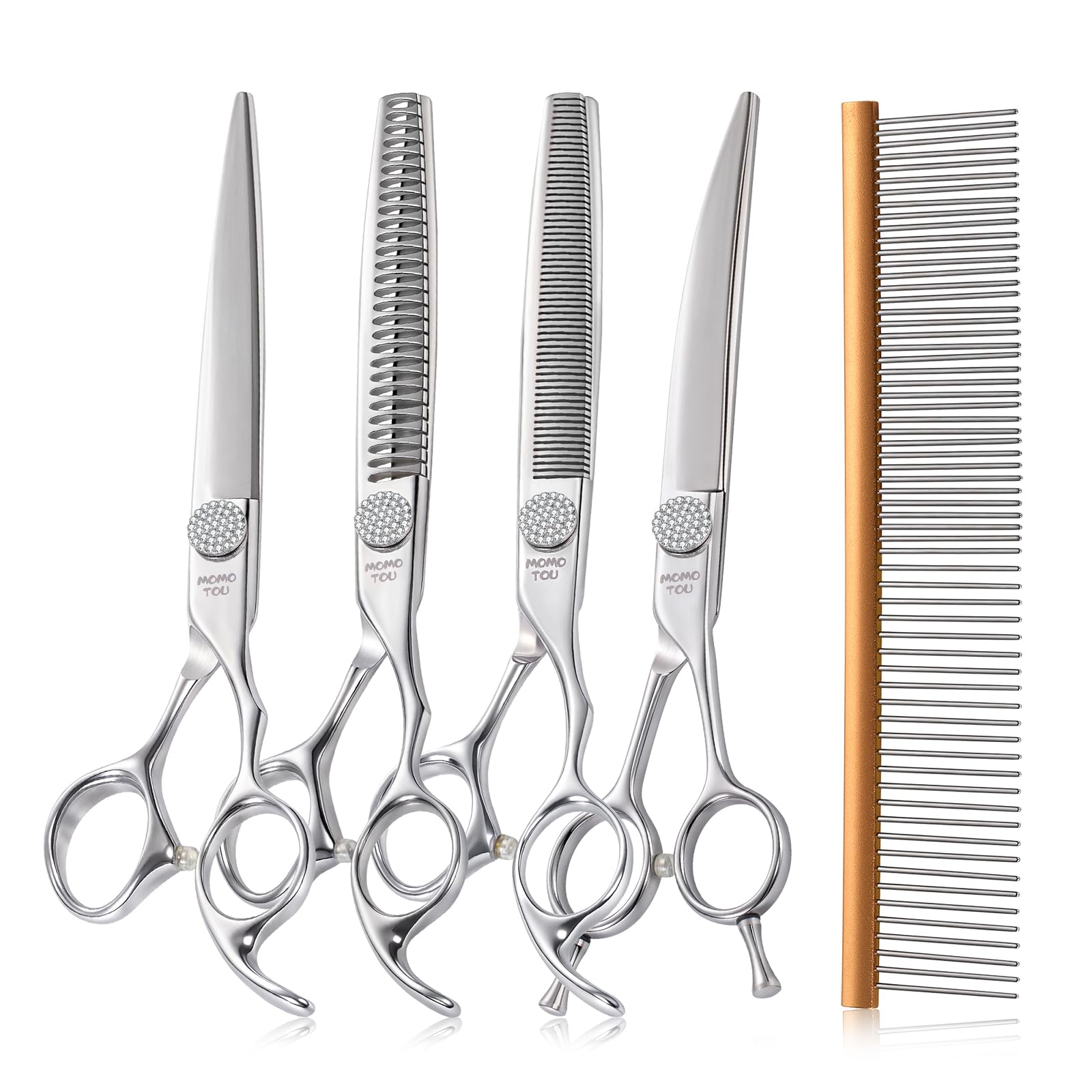 Momotou Polished Dog Grooming Scissors Set With Simulation Diamond 440C Stainless Steel Thinner Curved Straight Chunker Shears W